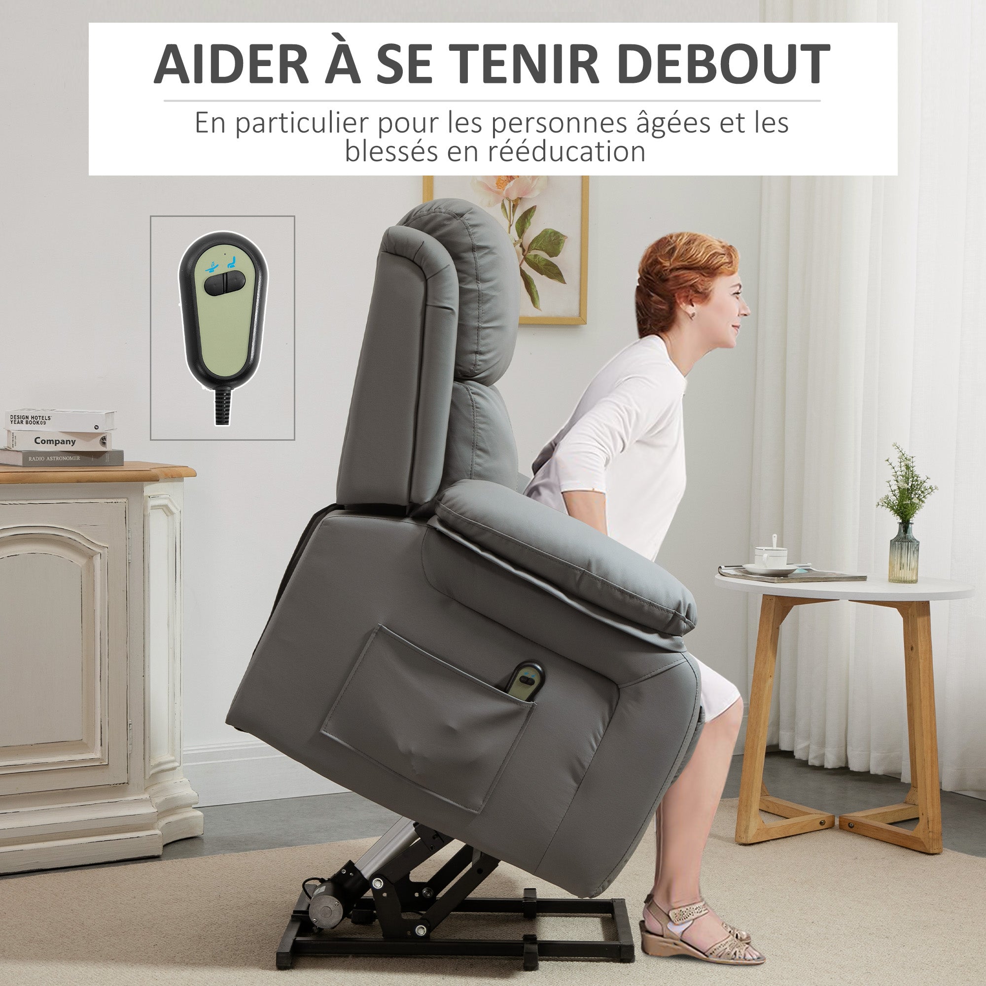 Fauteuil releveur électrique, fauteuil relax électrique, pour personne âgées, revêtement synthétique, avec repose-pied, télécommande et 2 pochettes, pour salon, chambre, bureau, gris
