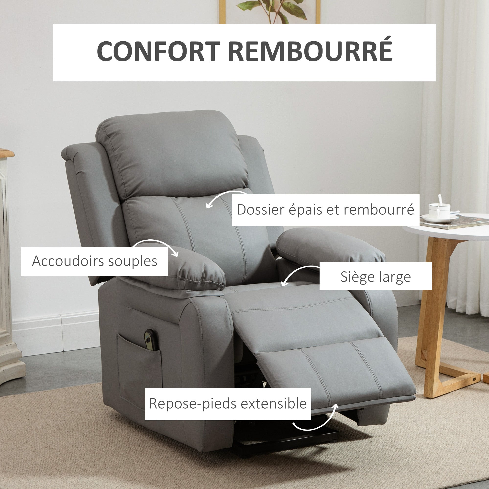 Fauteuil releveur électrique, fauteuil relax électrique, pour personne âgées, revêtement synthétique, avec repose-pied, télécommande et 2 pochettes, pour salon, chambre, bureau, gris
