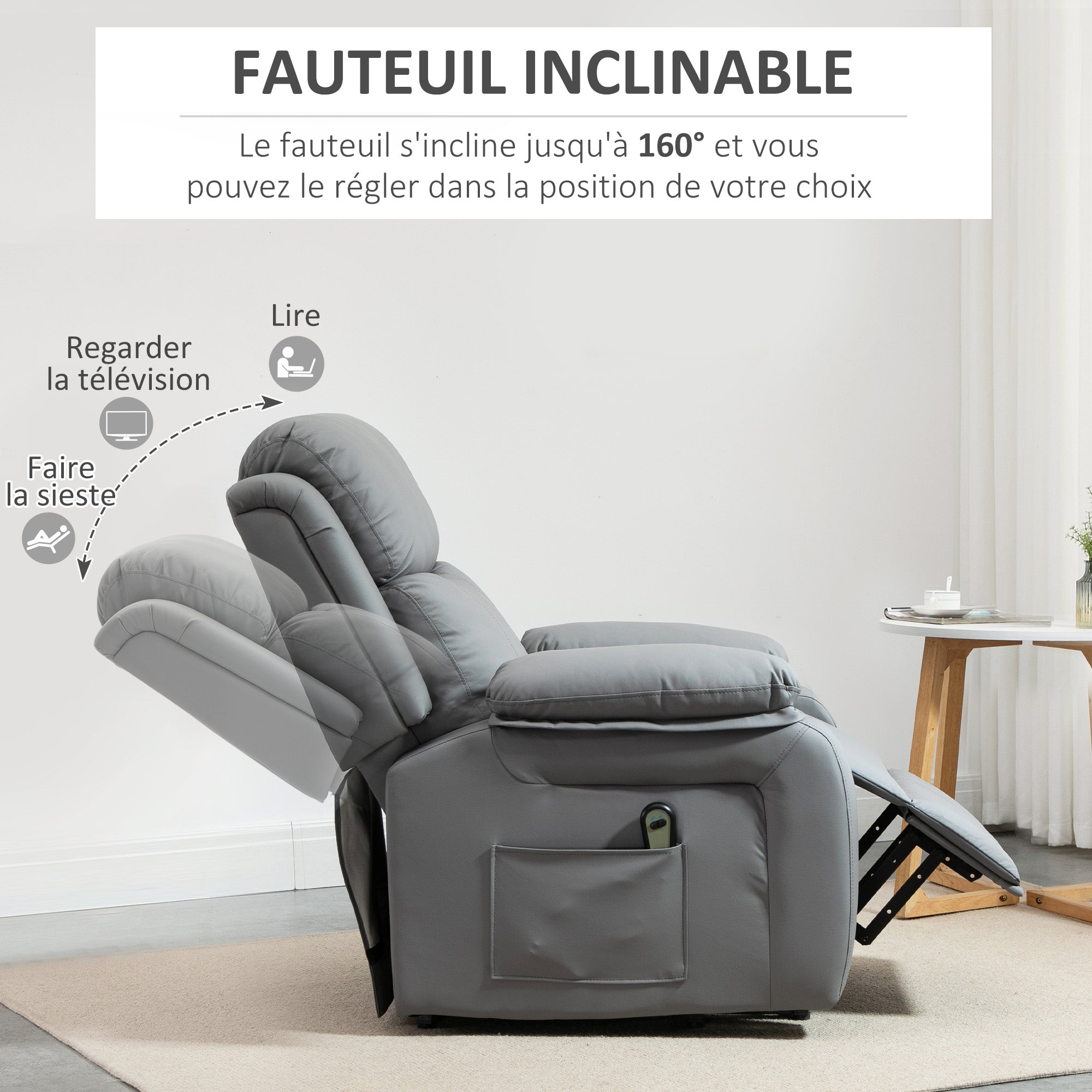 Fauteuil releveur électrique, fauteuil relax électrique, pour personne âgées, revêtement synthétique, avec repose-pied, télécommande et 2 pochettes, pour salon, chambre, bureau, gris
