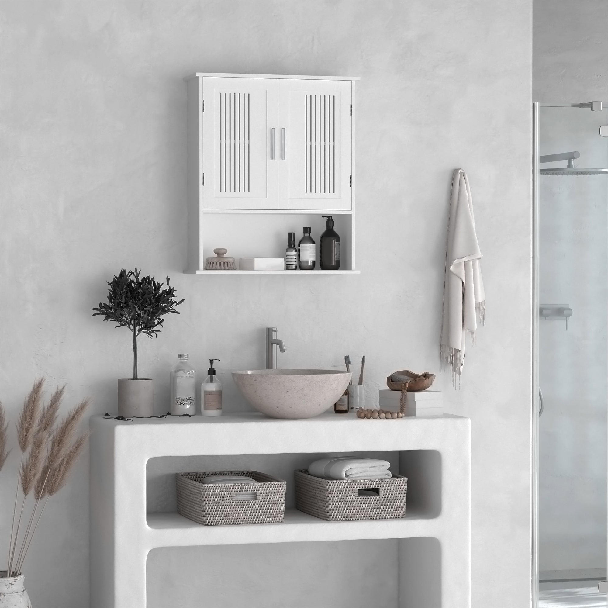 Armoire murale, meuble haut salle de bain avec étagère réglable, double porte et étagère ouverte, meuble de salle de bain, meuble de rangement suspendu, 60 x 20 x 70 cm, blanc
