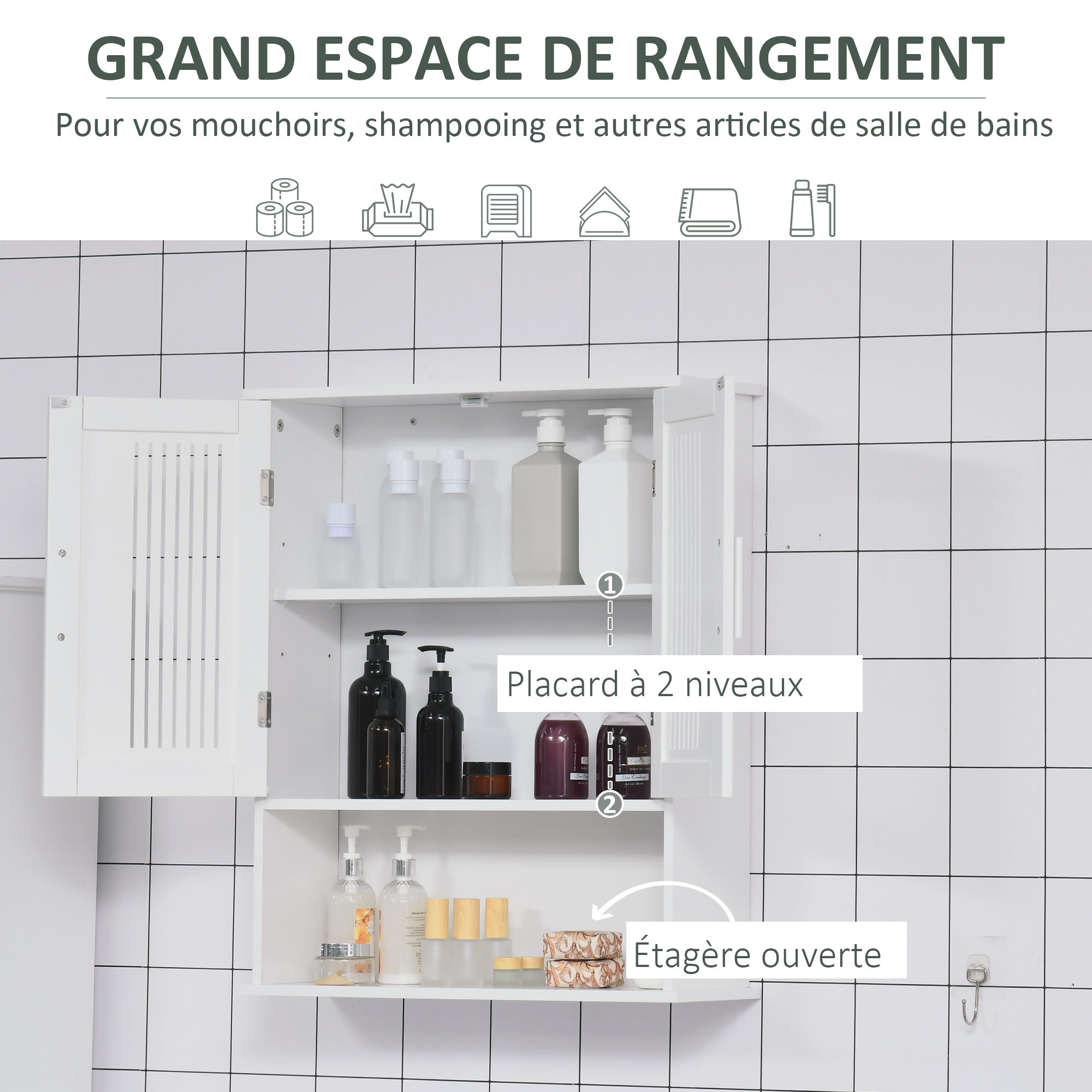Armoire murale, meuble haut salle de bain avec étagère réglable, double porte et étagère ouverte, meuble de salle de bain, meuble de rangement suspendu, 60 x 20 x 70 cm, blanc