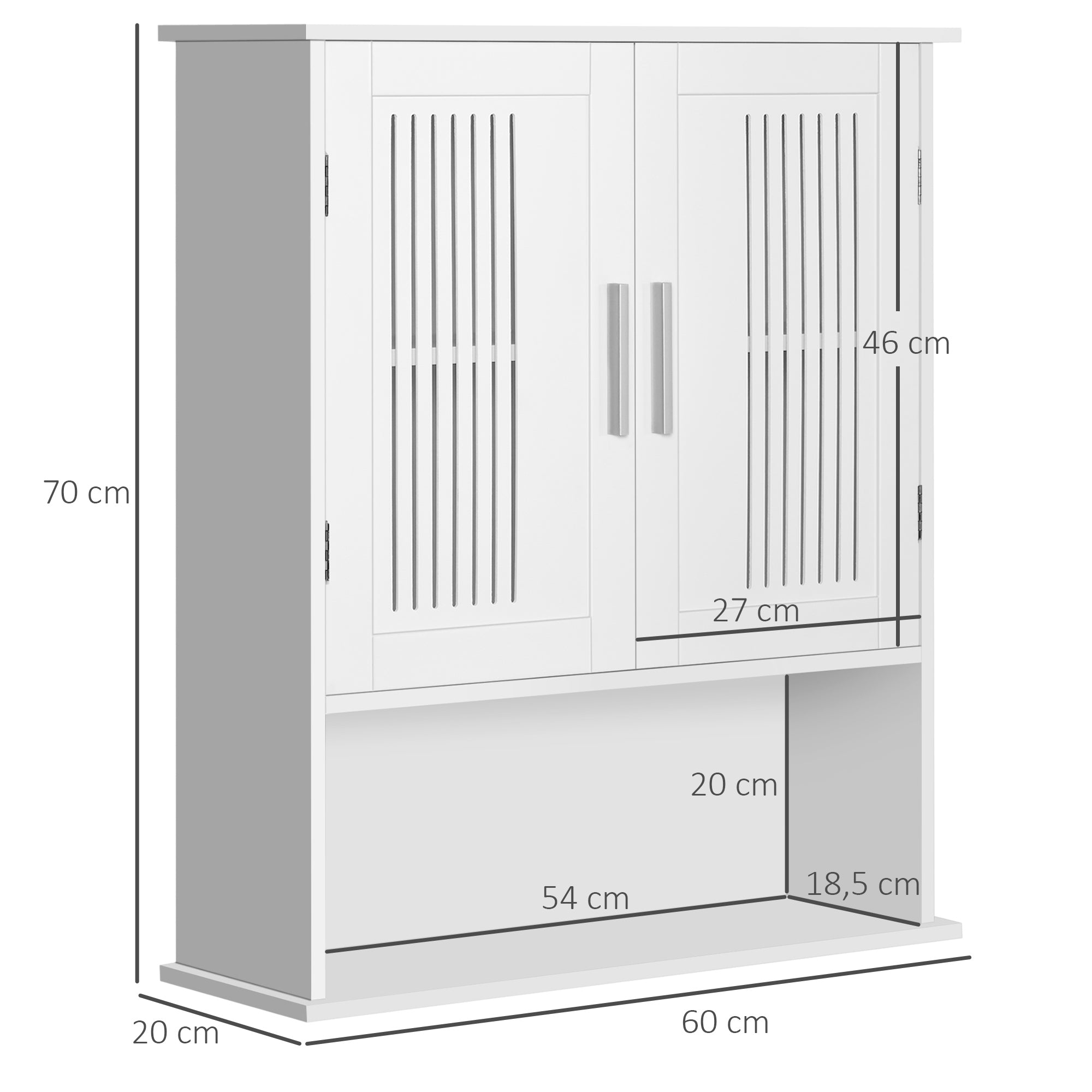 Armoire murale, meuble haut salle de bain avec étagère réglable, double porte et étagère ouverte, meuble de salle de bain, meuble de rangement suspendu, 60 x 20 x 70 cm, blanc