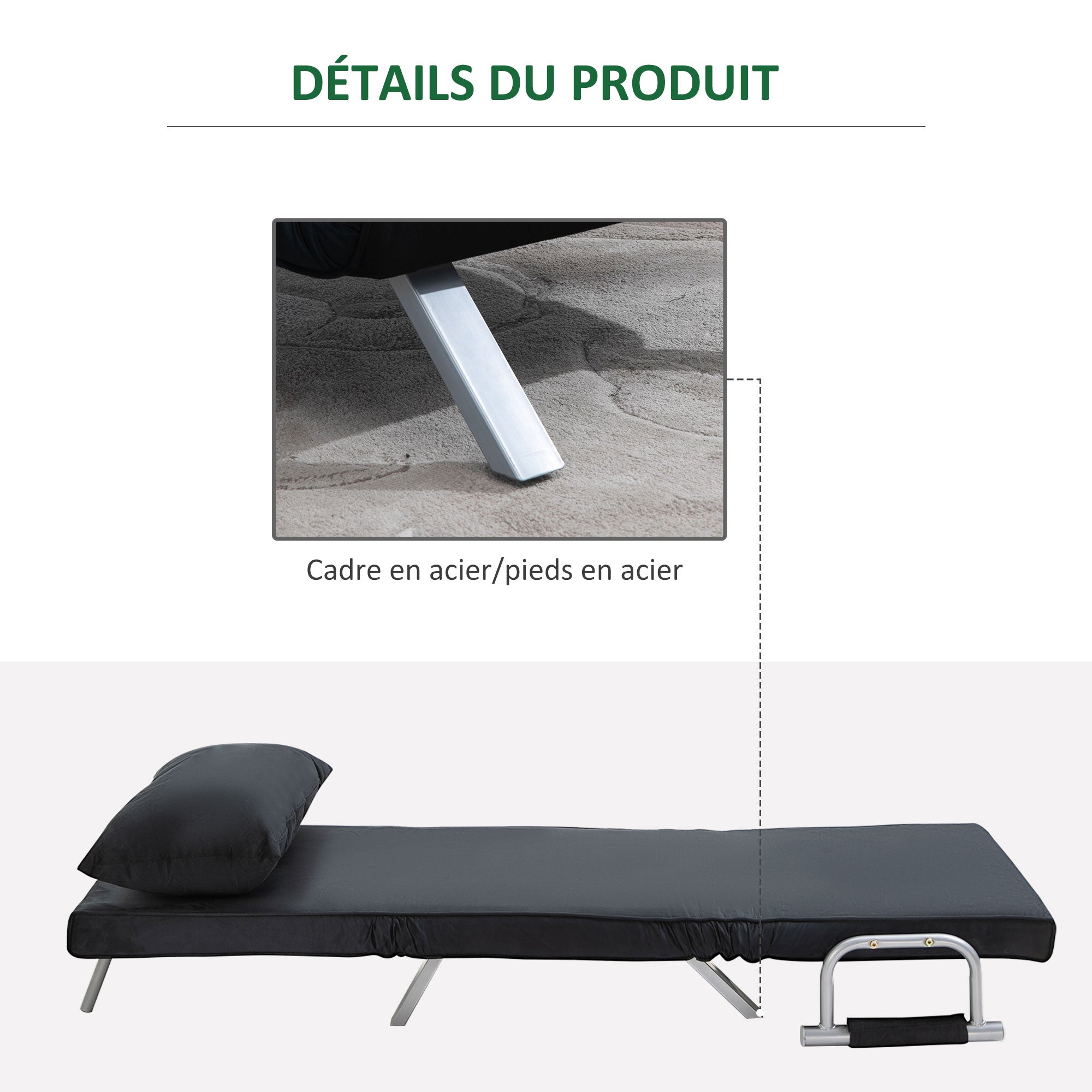 Fauteuil chauffeuse canapé-lit Convertible 1 Place déhoussable Grand Confort Coussin Pieds accoudoirs métal suède Noir
