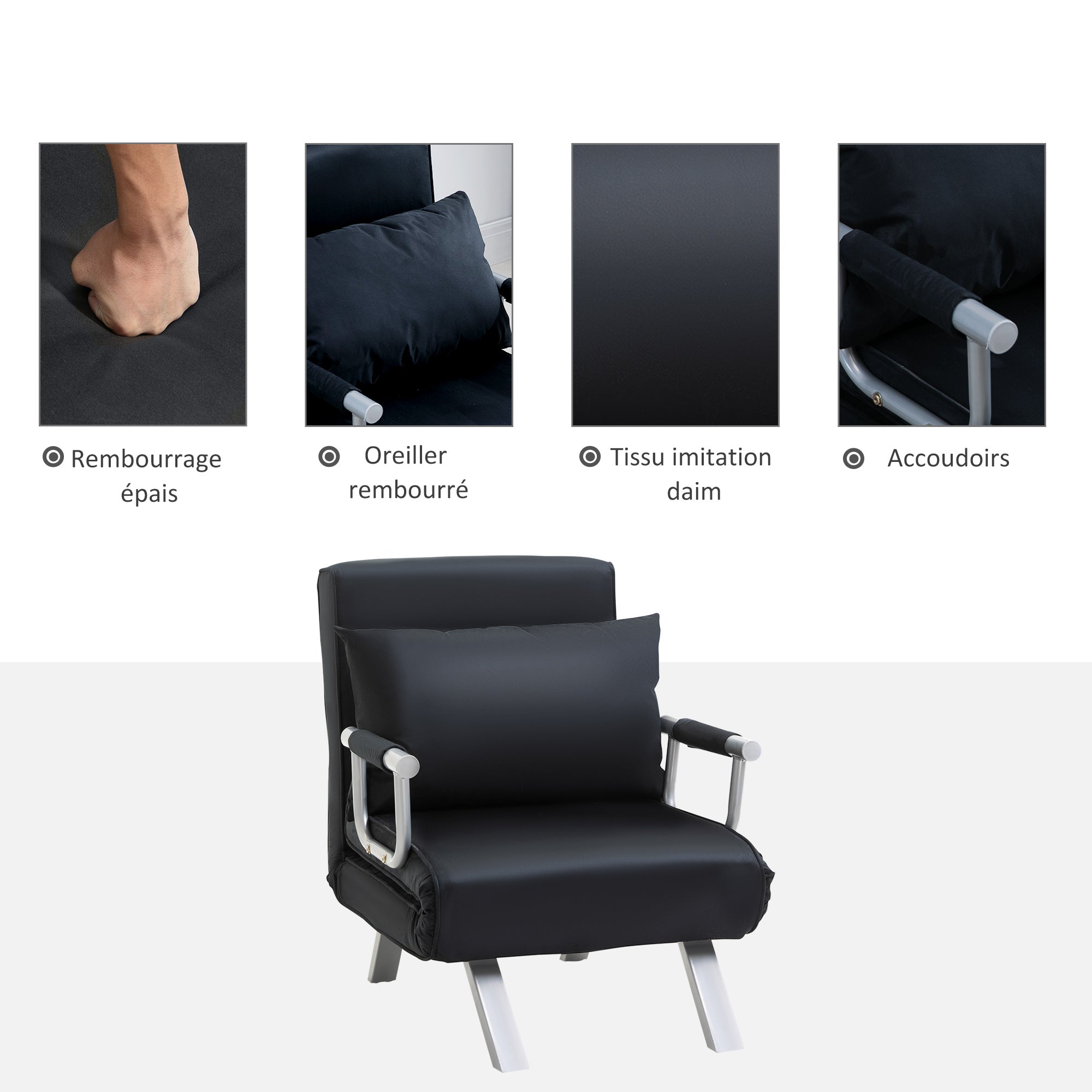 Fauteuil chauffeuse canapé-lit Convertible 1 Place déhoussable Grand Confort Coussin Pieds accoudoirs métal suède Noir