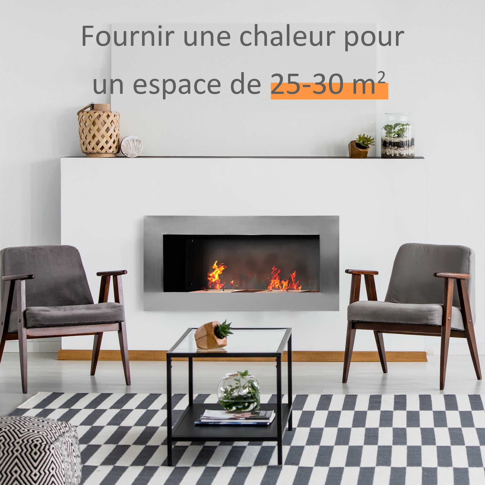 Cheminée bioéthanol Murale encastrable brûleur 2 x 0,9 L, environ 3 h de durée de combustion 110L x 14l x 54H cm Couverture 25-30 m² Acier inox