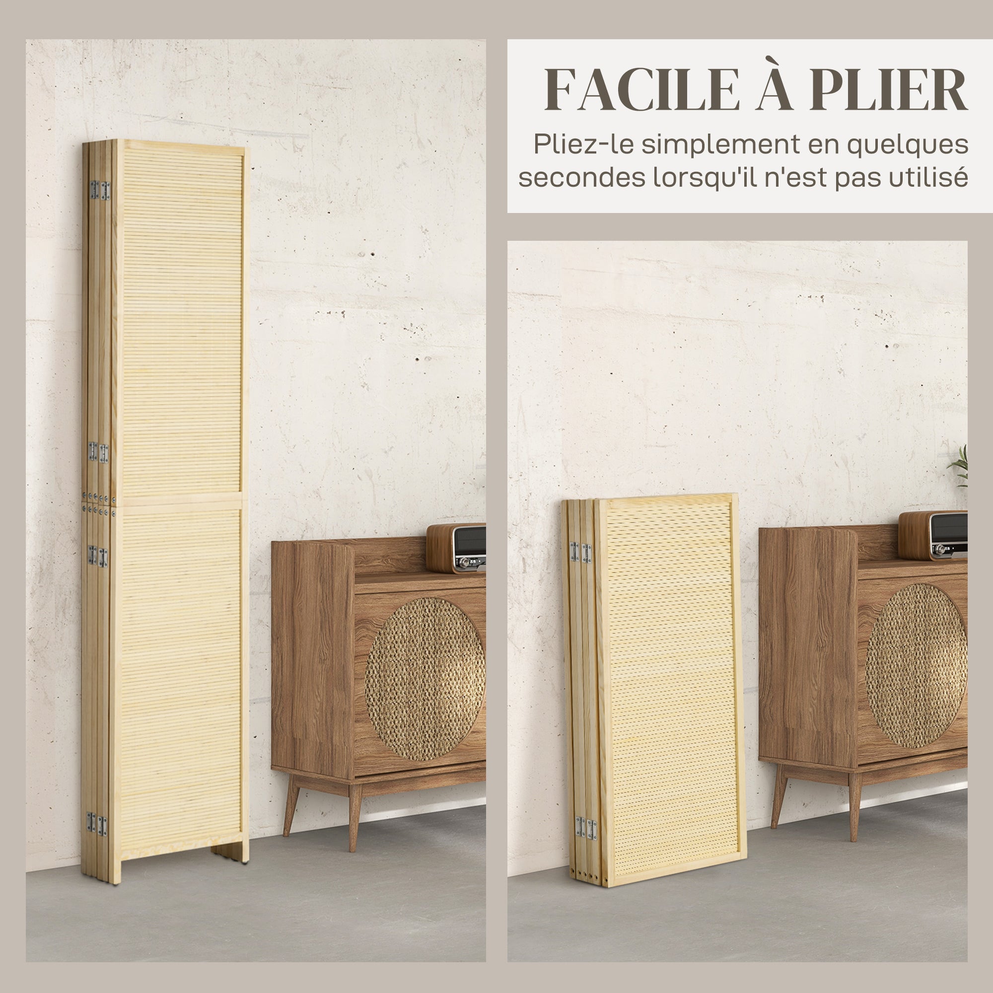 Paravent intérieur en Bambou 6 Panneaux 270 x 180 cm séparateur de pièce cloison de séparation Pliable - Naturel