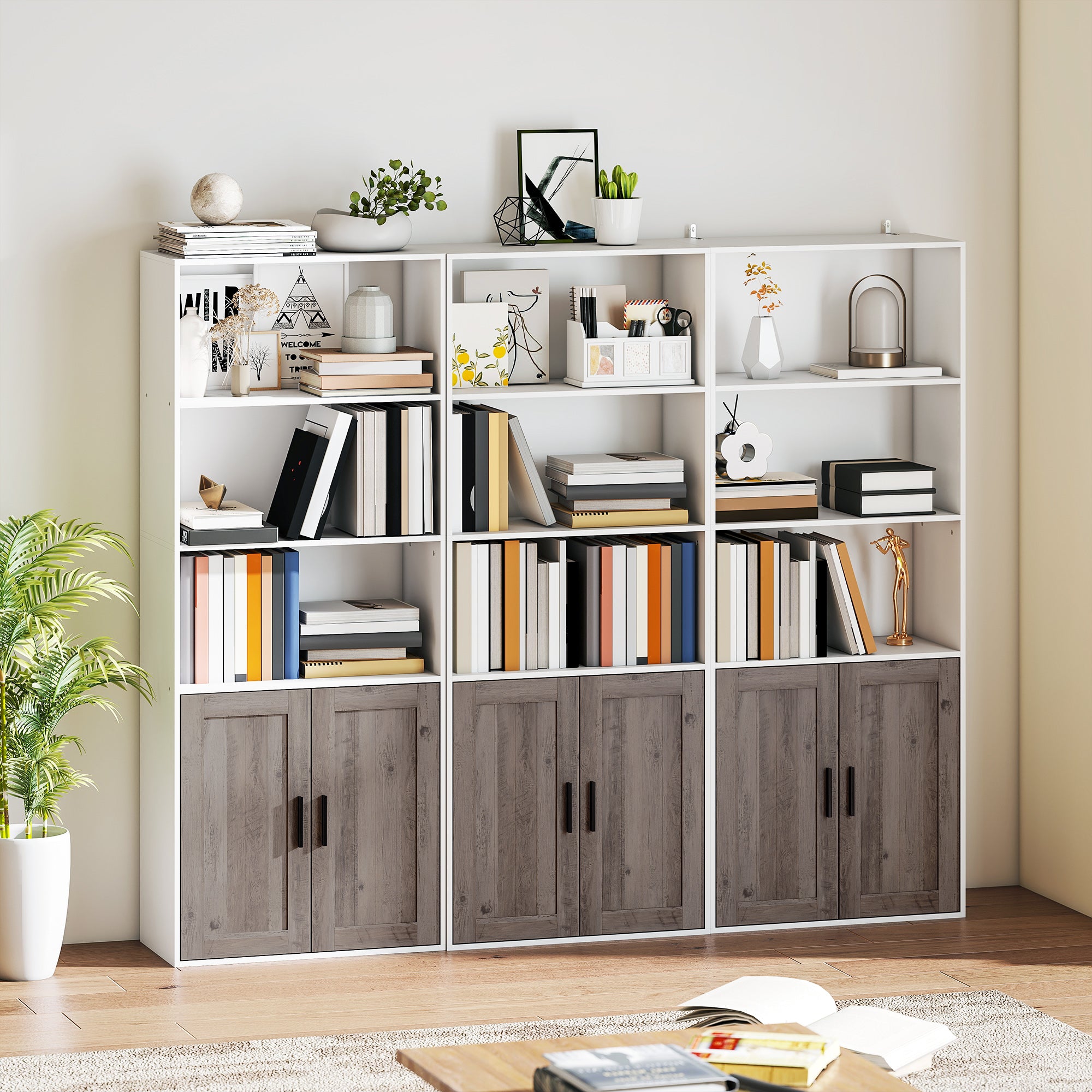 Bibliothèque meuble de rangement étagère à livres 5 niveaux avec compartiments ouverts et 1 placard, cadre en bois, pour salon, bureau, salle à manger, blanc