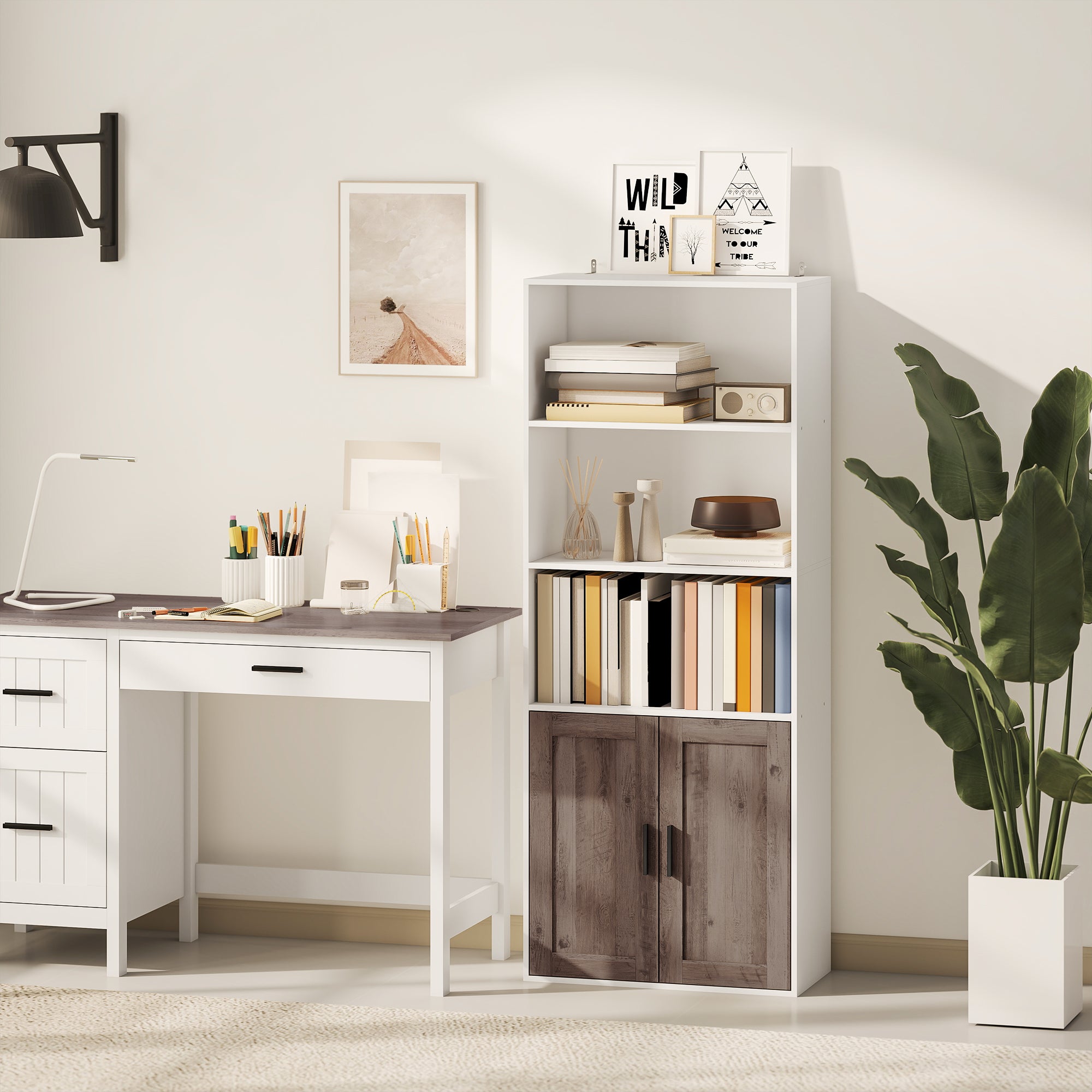 Bibliothèque meuble de rangement étagère à livres 5 niveaux avec compartiments ouverts et 1 placard, cadre en bois, pour salon, bureau, salle à manger, blanc