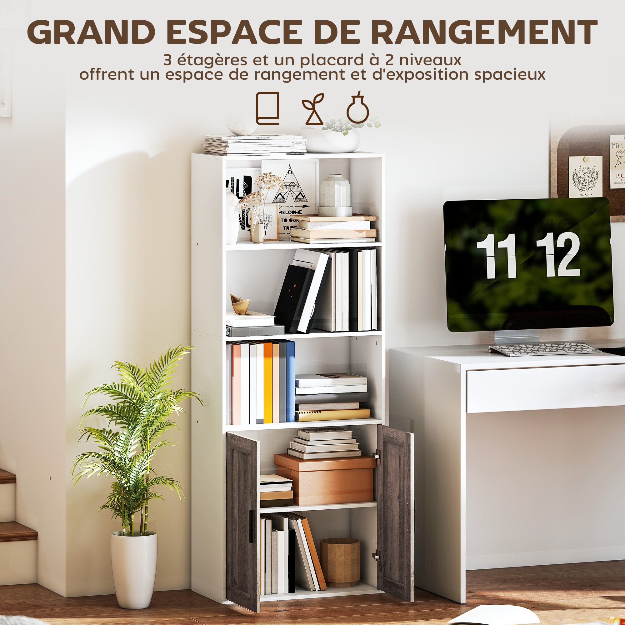 Bibliothèque meuble de rangement étagère à livres 5 niveaux avec compartiments ouverts et 1 placard, cadre en bois, pour salon, bureau, salle à manger, blanc