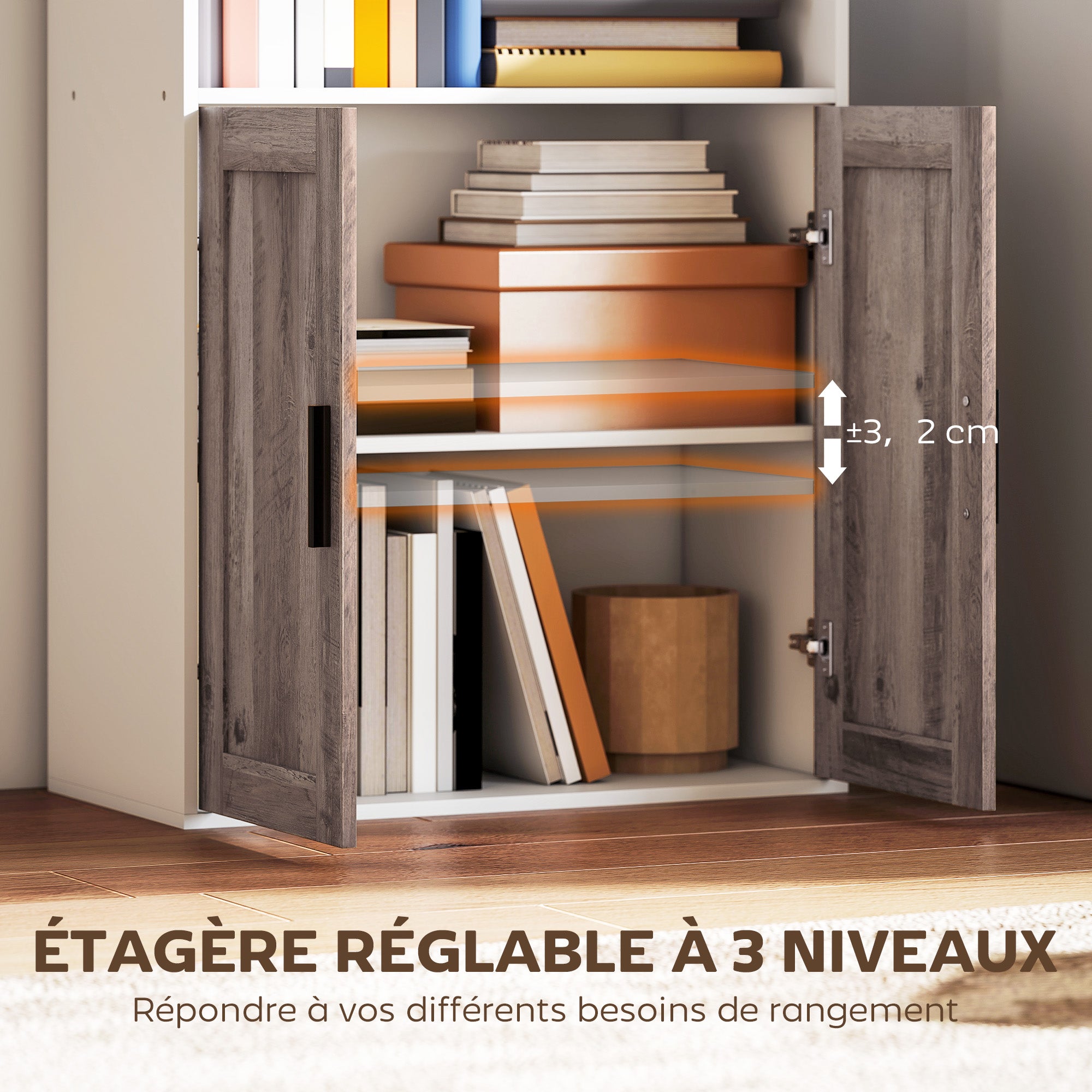 Bibliothèque meuble de rangement étagère à livres 5 niveaux avec compartiments ouverts et 1 placard, cadre en bois, pour salon, bureau, salle à manger, blanc