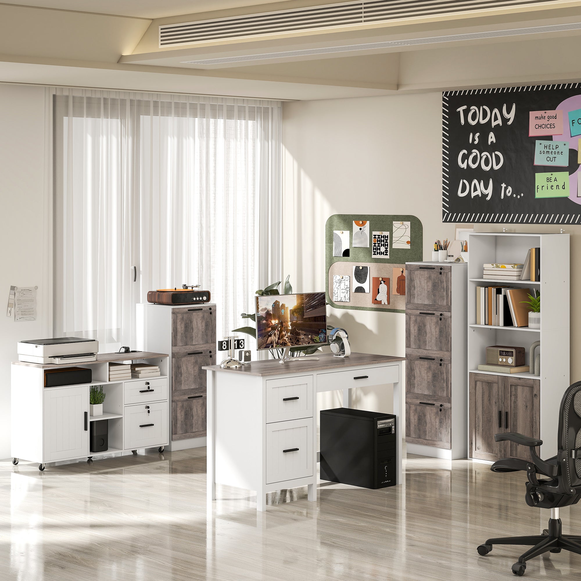 Bibliothèque meuble de rangement étagère à livres 5 niveaux avec compartiments ouverts et 1 placard, cadre en bois, pour salon, bureau, salle à manger, blanc