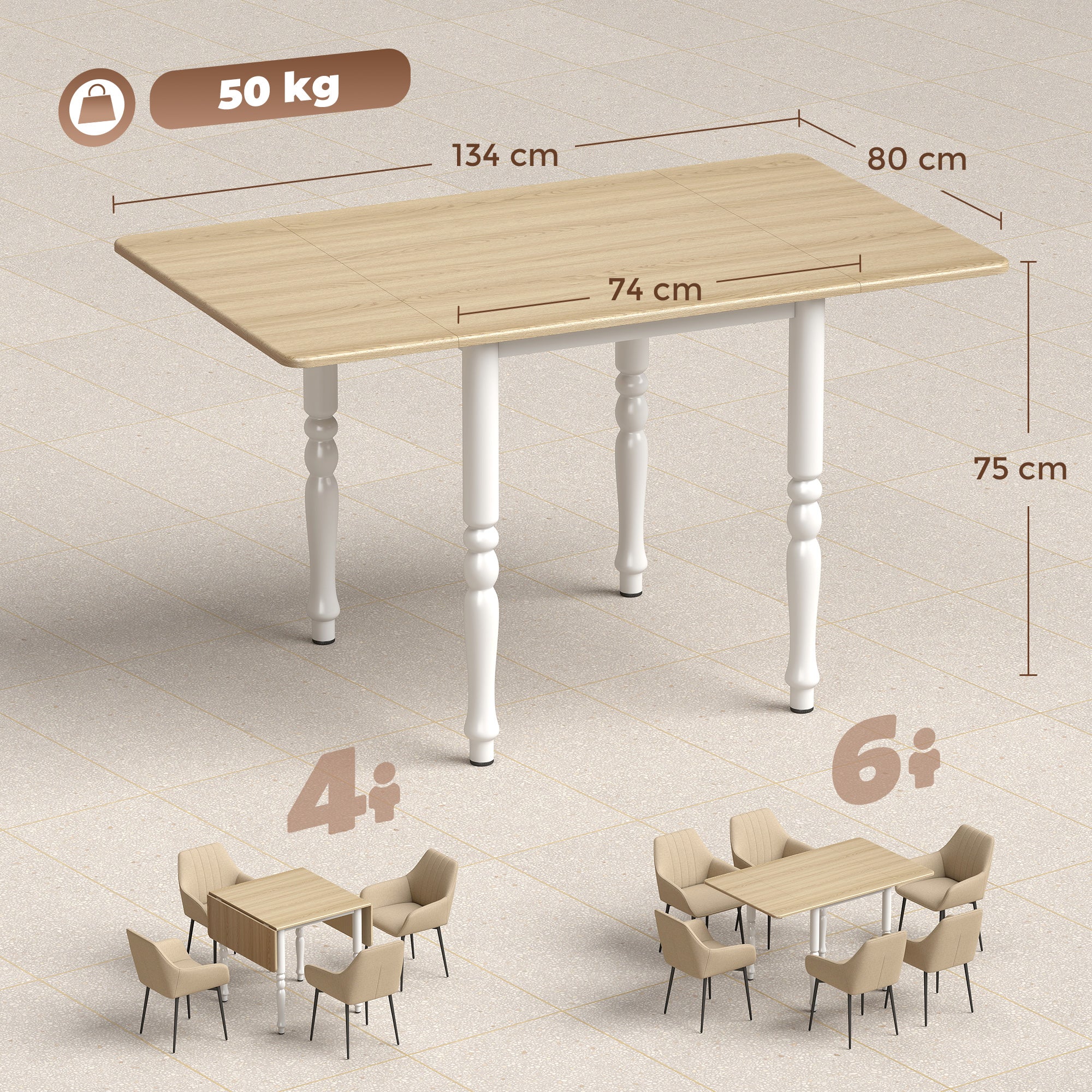 Table à manger pliante pour 4 à 6 personnes 74-134 cm, table de cuisine rectangulaire avec 2 abattants, pieds tournés en acier, pour petits espaces, salle à manger, effet bois naturel