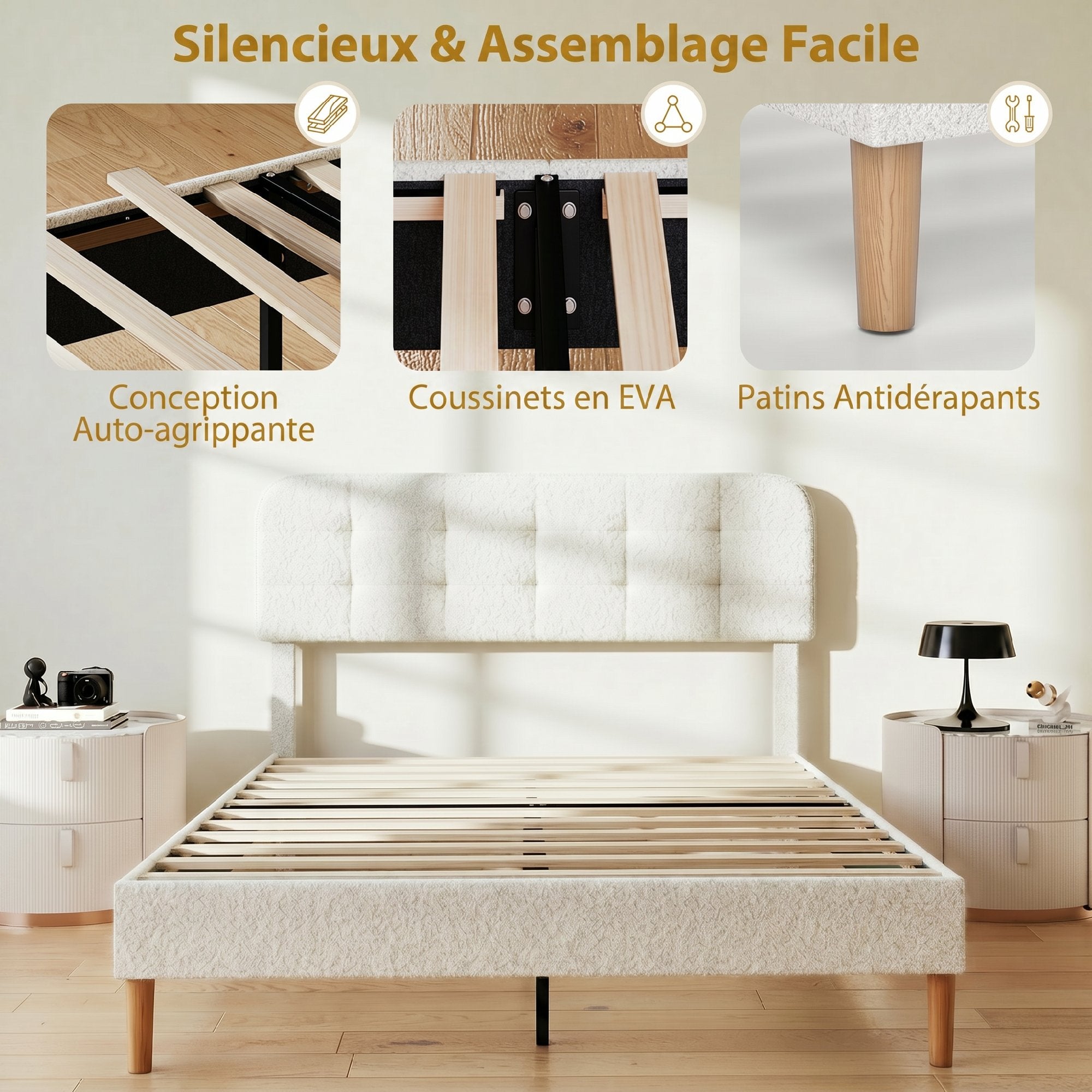 Cadre de lit 160 x 200 cm avec sommier, lit double rembourré en velours boucle, tête de lit réglable, support à lattes en bois, rangement au-dessous, sans bruit, montage facile, blanc