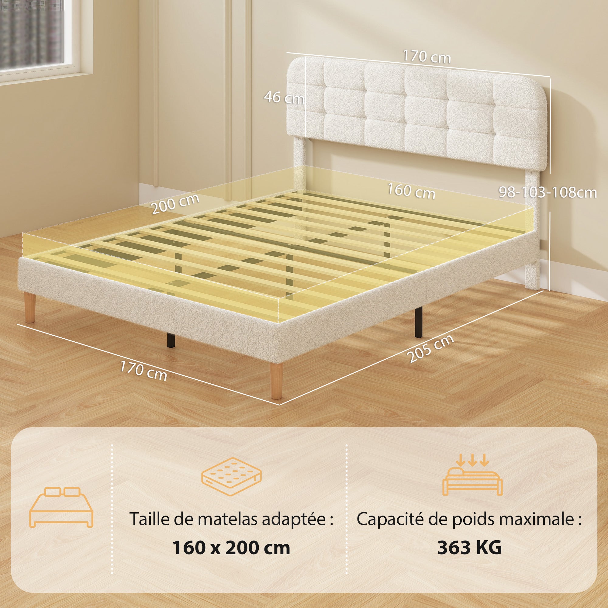Cadre de lit 160 x 200 cm avec sommier, lit double rembourré en velours boucle, tête de lit réglable, support à lattes en bois, rangement au-dessous, sans bruit, montage facile, blanc