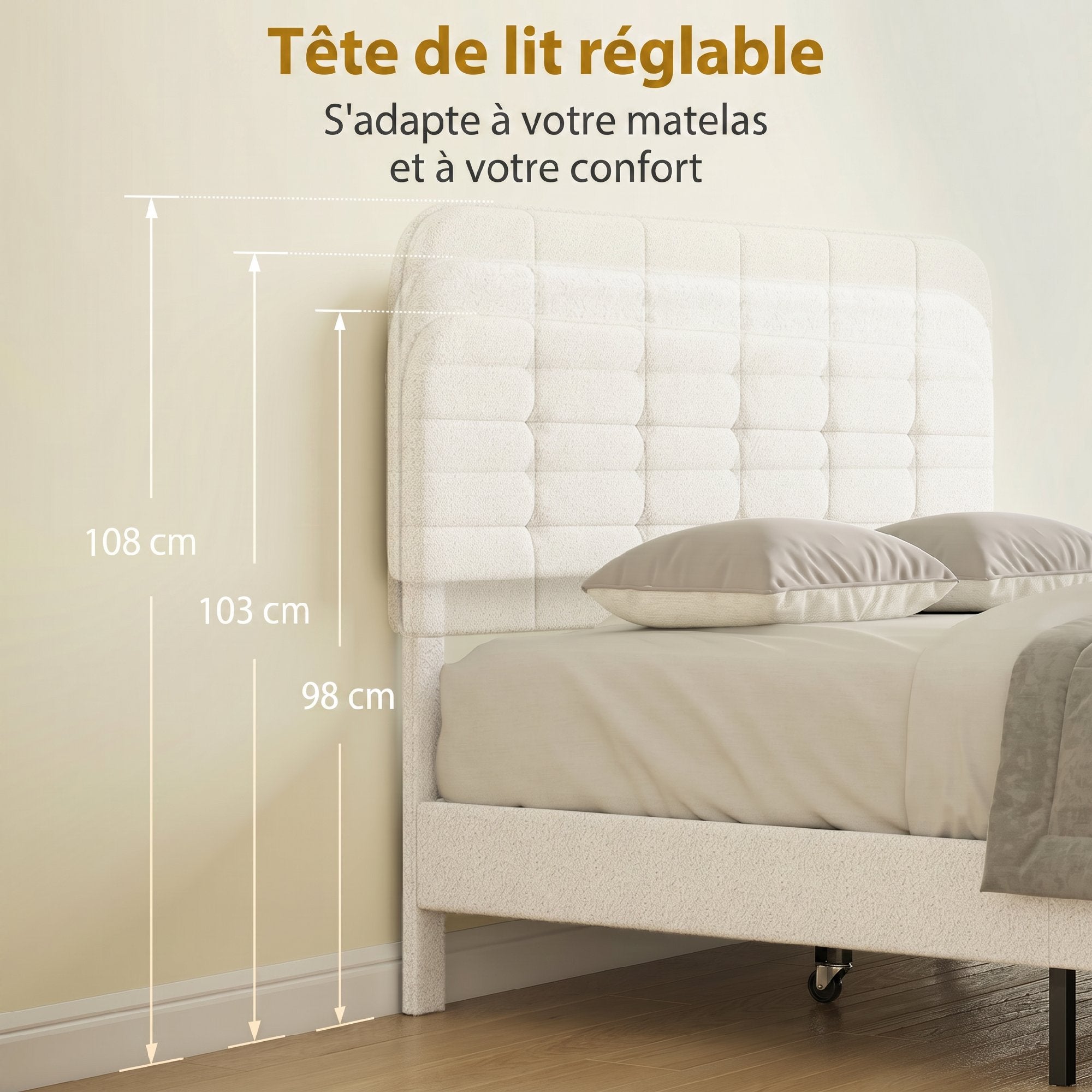 Cadre de lit 160 x 200 cm avec sommier, lit double rembourré en velours boucle, tête de lit réglable, support à lattes en bois, rangement au-dessous, sans bruit, montage facile, blanc
