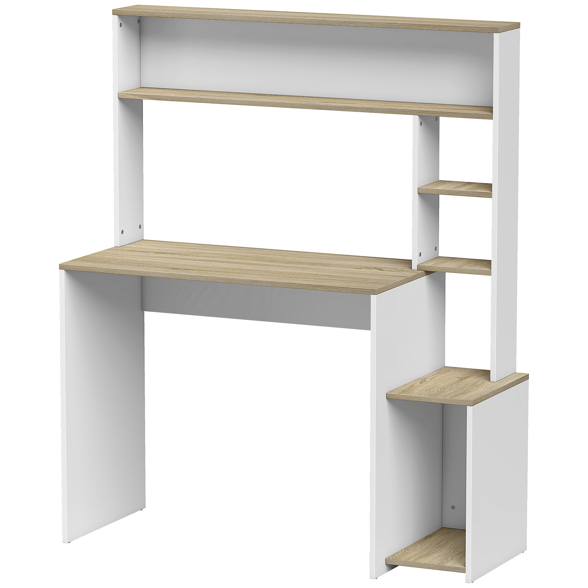 Bureau Informatique, 114x45x138cm, Bureau avec Rangement, Étagères Ouvertes, Large Plateau et Support UC, Table d'Ordinateur Moderne pour Chambre, Domicile, Petit Espace, Blanc et Bois Naturel