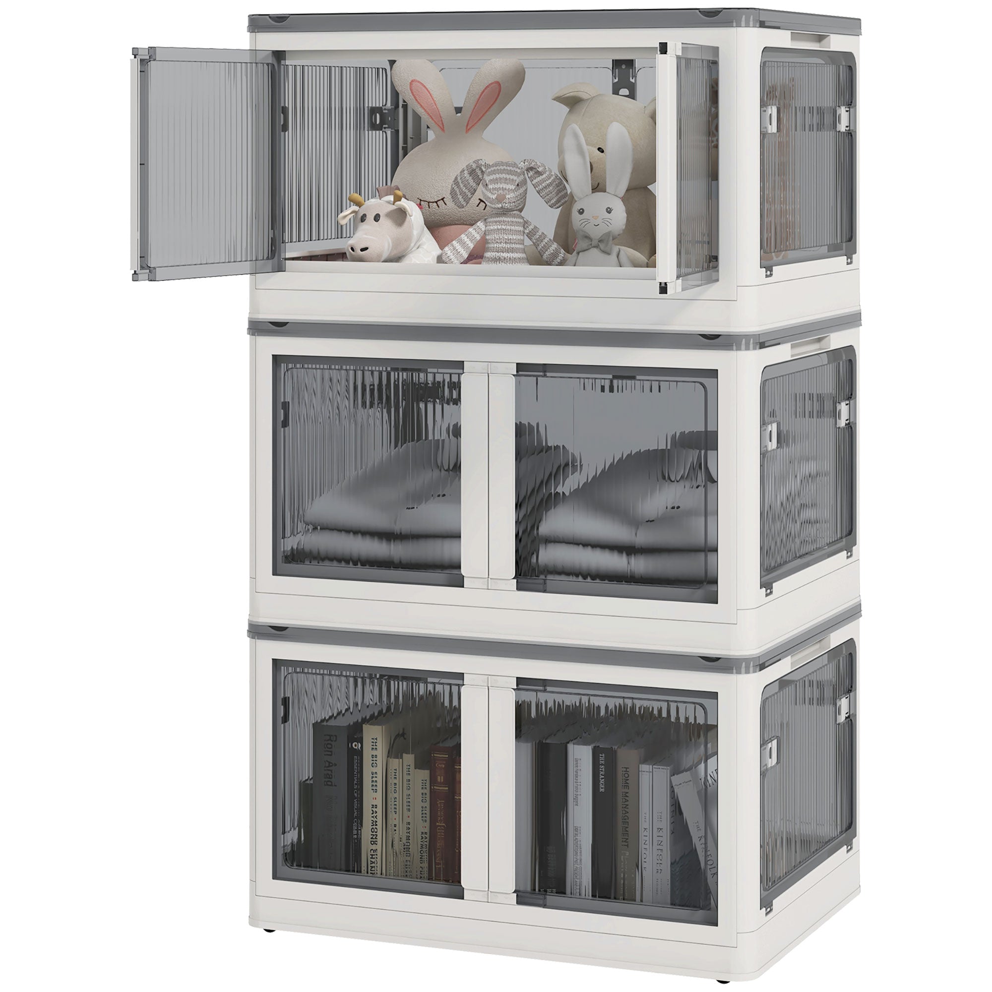 Boîtes de rangement pliables et empilables 69L en plastique, caisses rangement 3 cubes avec couvercle et 4 roulettes, accès à 5 côtés, pour jouets et livres, blanc