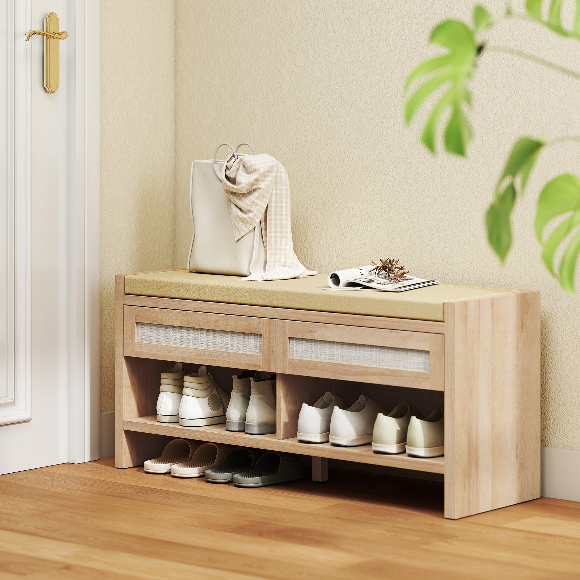 Banc chaussures entrée, banc de rangement, assise rembourrée en lin, 2 tiroirs en rotin et étagère ouverte, style bohème, pour entrée, couloir, 108 x 35 x 50 cm, chêne et marron clair