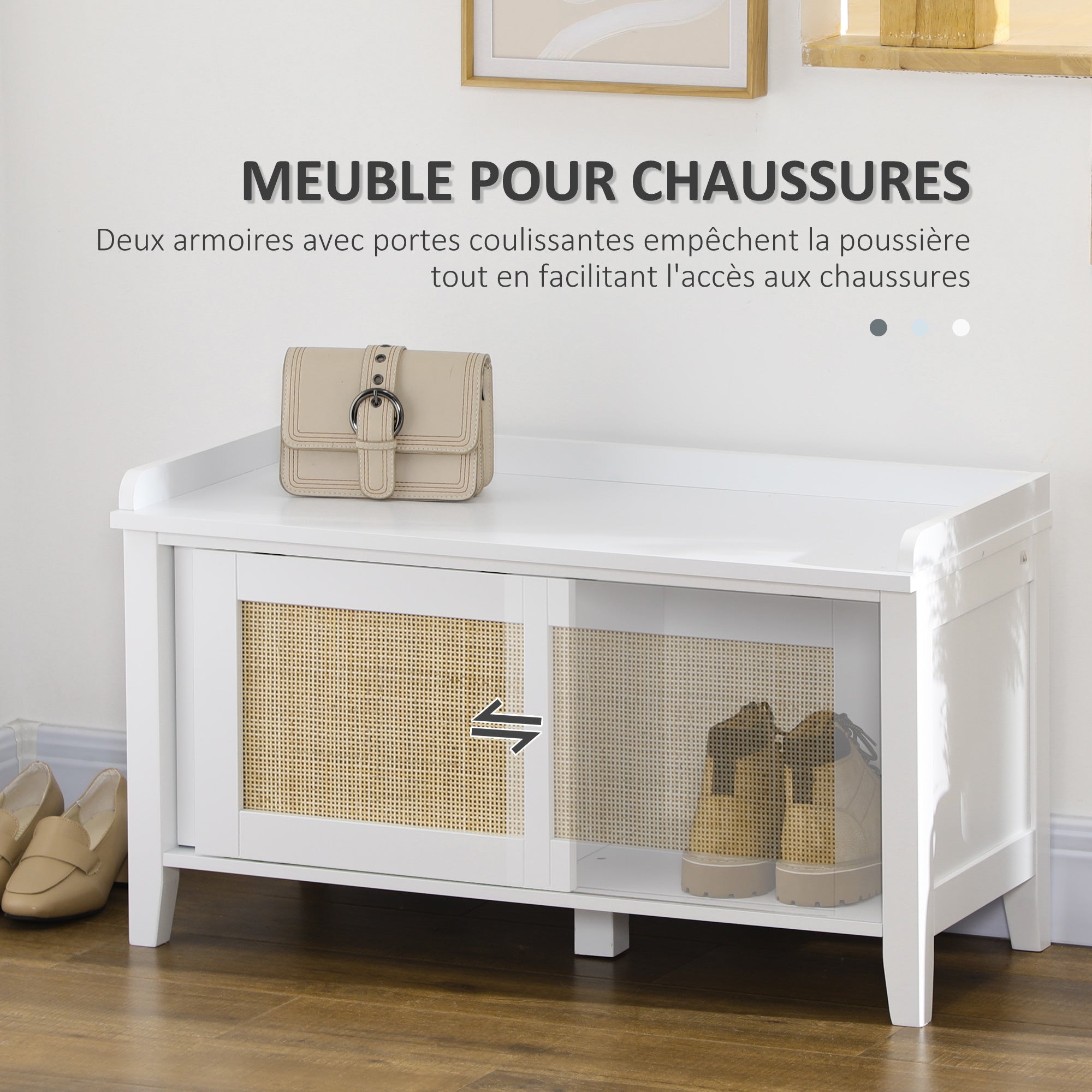 Banc à chaussures meuble de rangement avec étagère sur pieds 2 placards avec façades cannage blanc