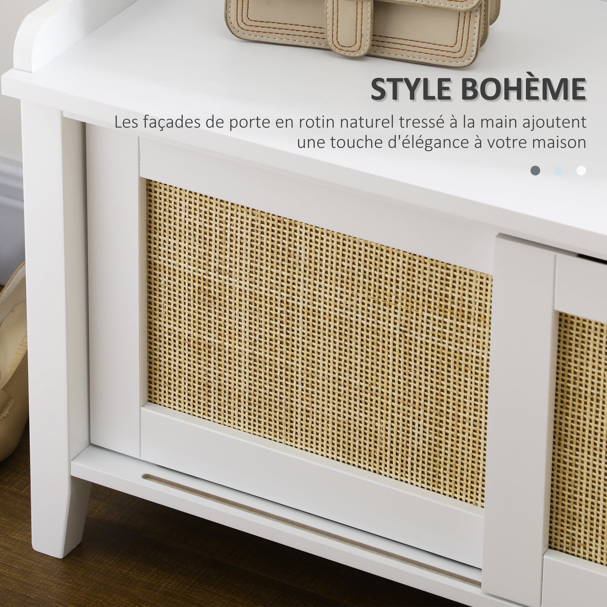 Banc à chaussures meuble de rangement avec étagère sur pieds 2 placards avec façades cannage blanc