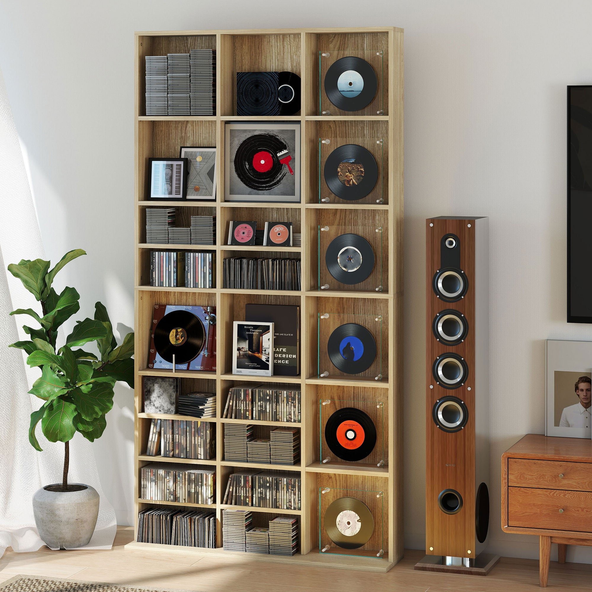 Rangements pour CD et DVD, étagère rangement, capacité max. 1116 CD/528 DVD, 36 compartiments et étagères réglables, pour bureau, salon, chambre, 102 x 23,5 x 195 cm, chêne
