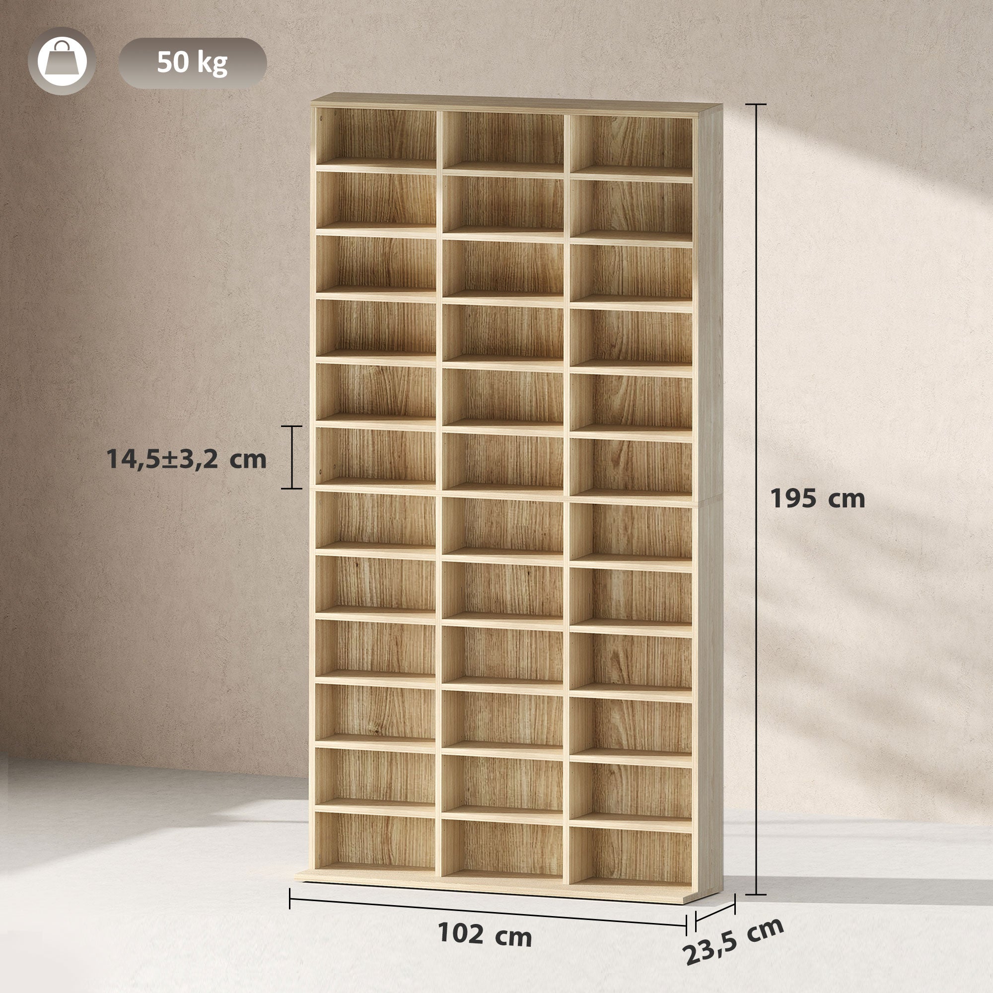 Rangements pour CD et DVD, étagère rangement, capacité max. 1116 CD/528 DVD, 36 compartiments et étagères réglables, pour bureau, salon, chambre, 102 x 23,5 x 195 cm, chêne