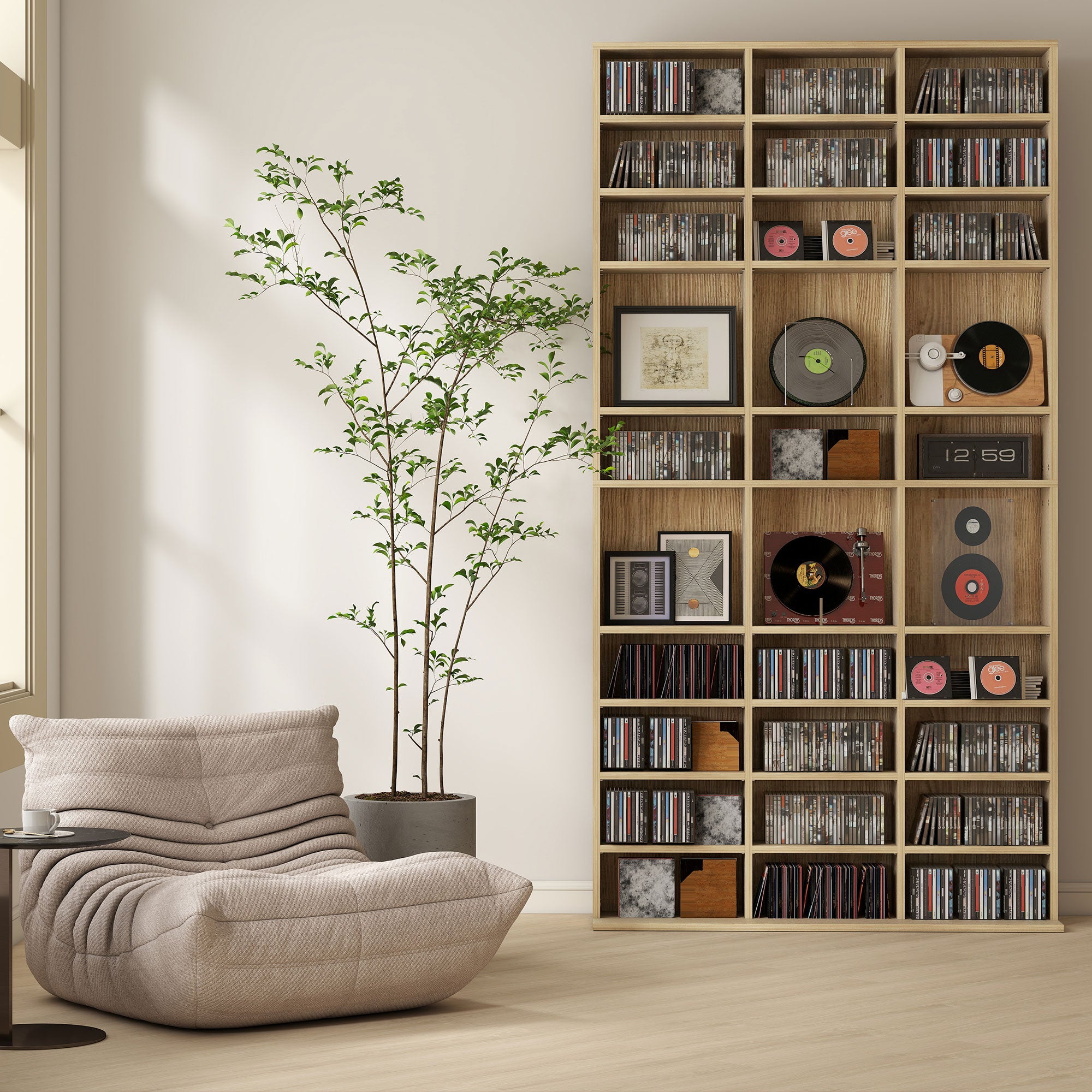 Rangements pour CD et DVD, étagère rangement, capacité max. 1116 CD/528 DVD, 36 compartiments et étagères réglables, pour bureau, salon, chambre, 102 x 23,5 x 195 cm, chêne