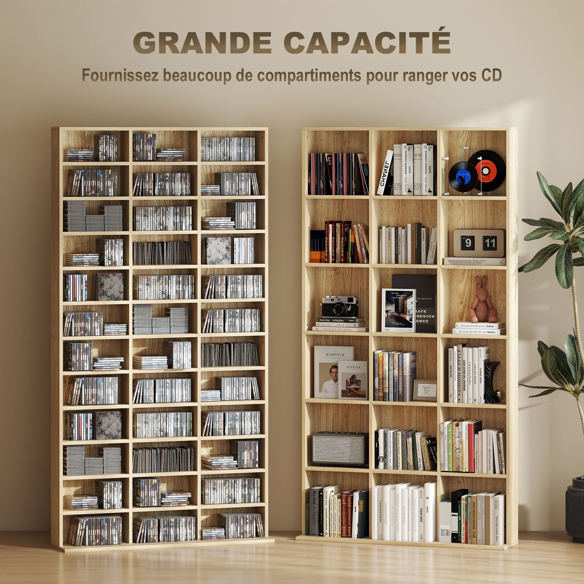 Rangements pour CD et DVD, étagère rangement, capacité max. 1116 CD/528 DVD, 36 compartiments et étagères réglables, pour bureau, salon, chambre, 102 x 23,5 x 195 cm, chêne