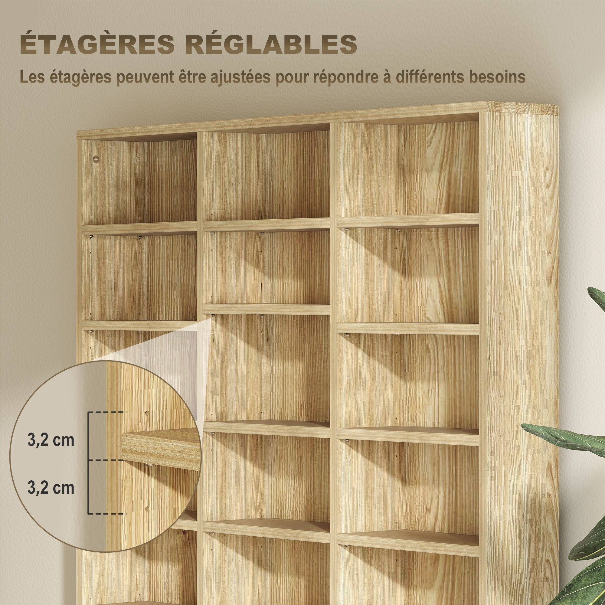 Rangements pour CD et DVD, étagère rangement, capacité max. 1116 CD/528 DVD, 36 compartiments et étagères réglables, pour bureau, salon, chambre, 102 x 23,5 x 195 cm, chêne