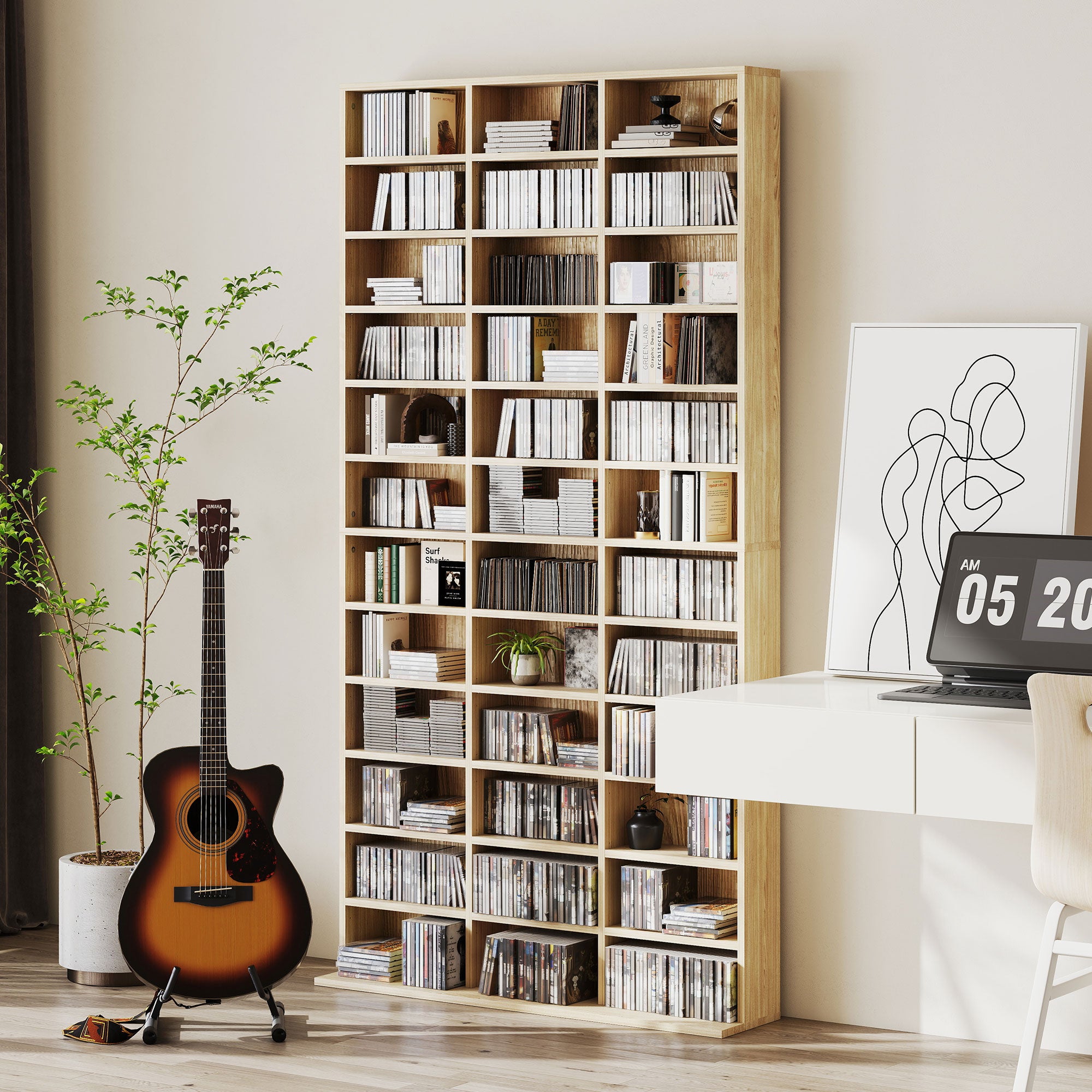 Rangements pour CD et DVD, étagère rangement, capacité max. 1116 CD/528 DVD, 36 compartiments et étagères réglables, pour bureau, salon, chambre, 102 x 23,5 x 195 cm, chêne