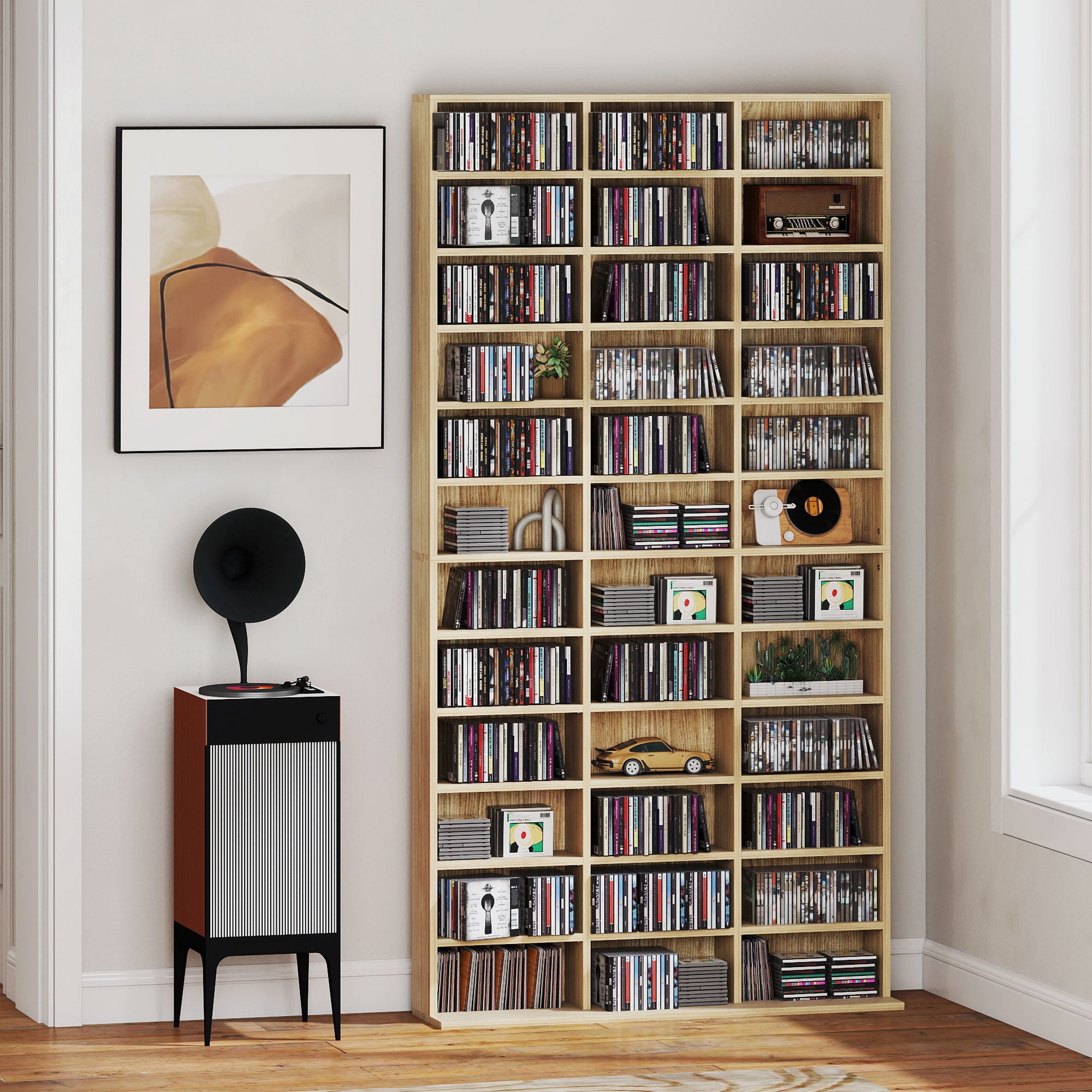 Rangements pour CD et DVD, étagère rangement, capacité max. 1116 CD/528 DVD, 36 compartiments et étagères réglables, pour bureau, salon, chambre, 102 x 23,5 x 195 cm, chêne