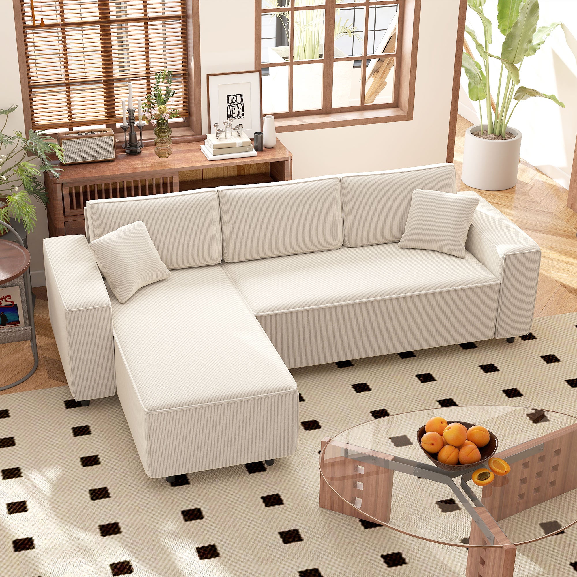 Canapé d'angle réversible velours côtelé, 241x153x83cm, canapé 3 places en L avec coussin à ressorts, charge 450Kg, style moderne, pour salon, chambre, crème