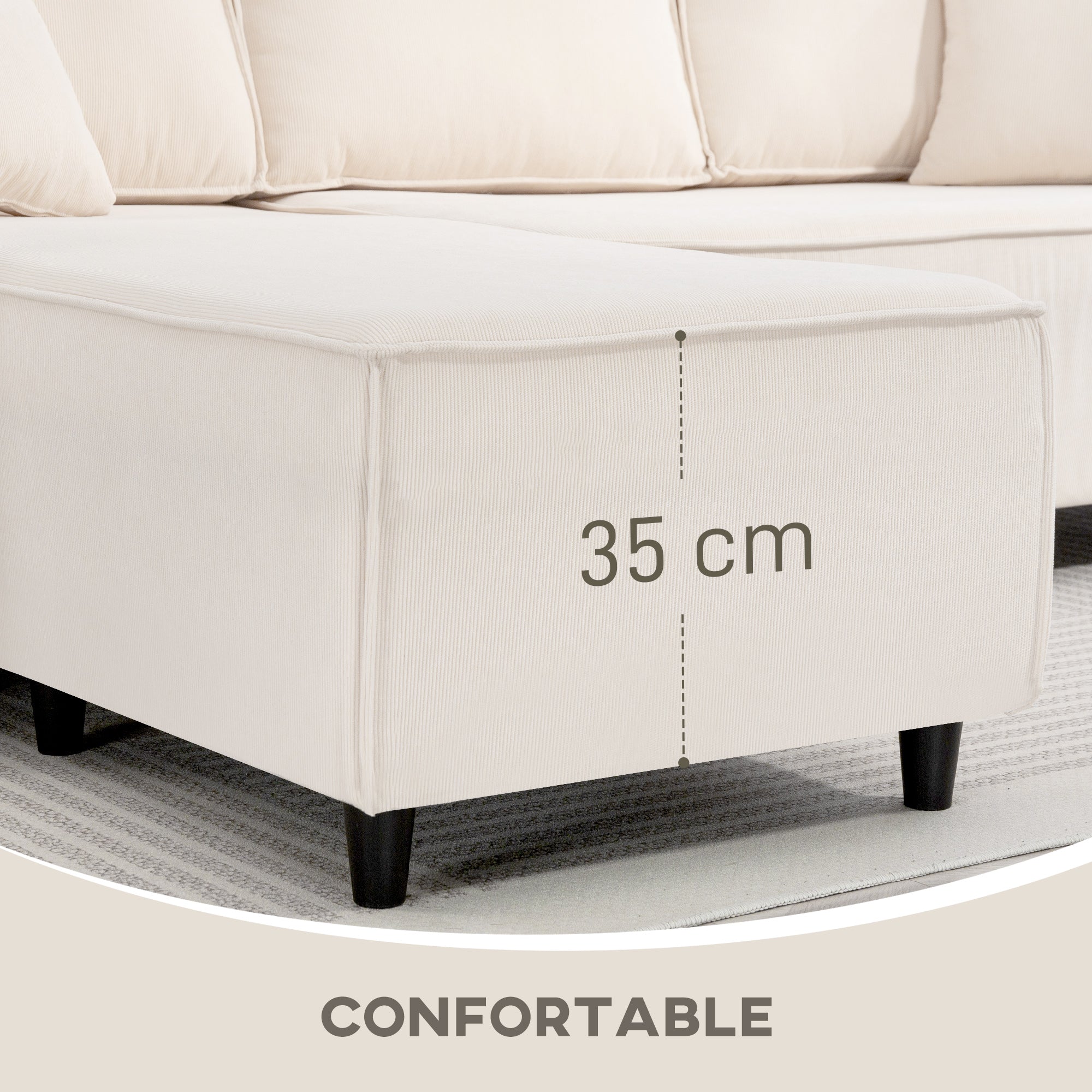 Canapé d'angle réversible velours côtelé, 241x153x83cm, canapé 3 places en L avec coussin à ressorts, charge 450Kg, style moderne, pour salon, chambre, crème