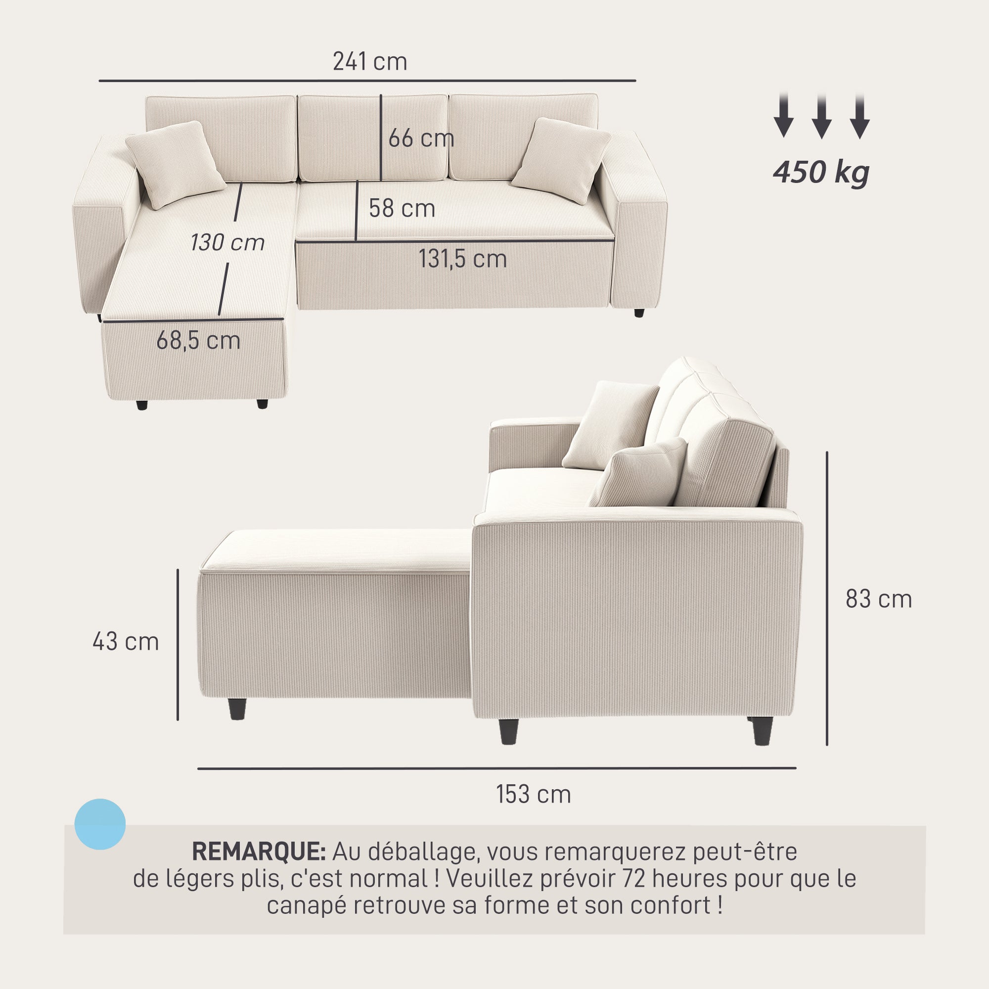 Canapé d'angle réversible velours côtelé, 241x153x83cm, canapé 3 places en L avec coussin à ressorts, charge 450Kg, style moderne, pour salon, chambre, crème
