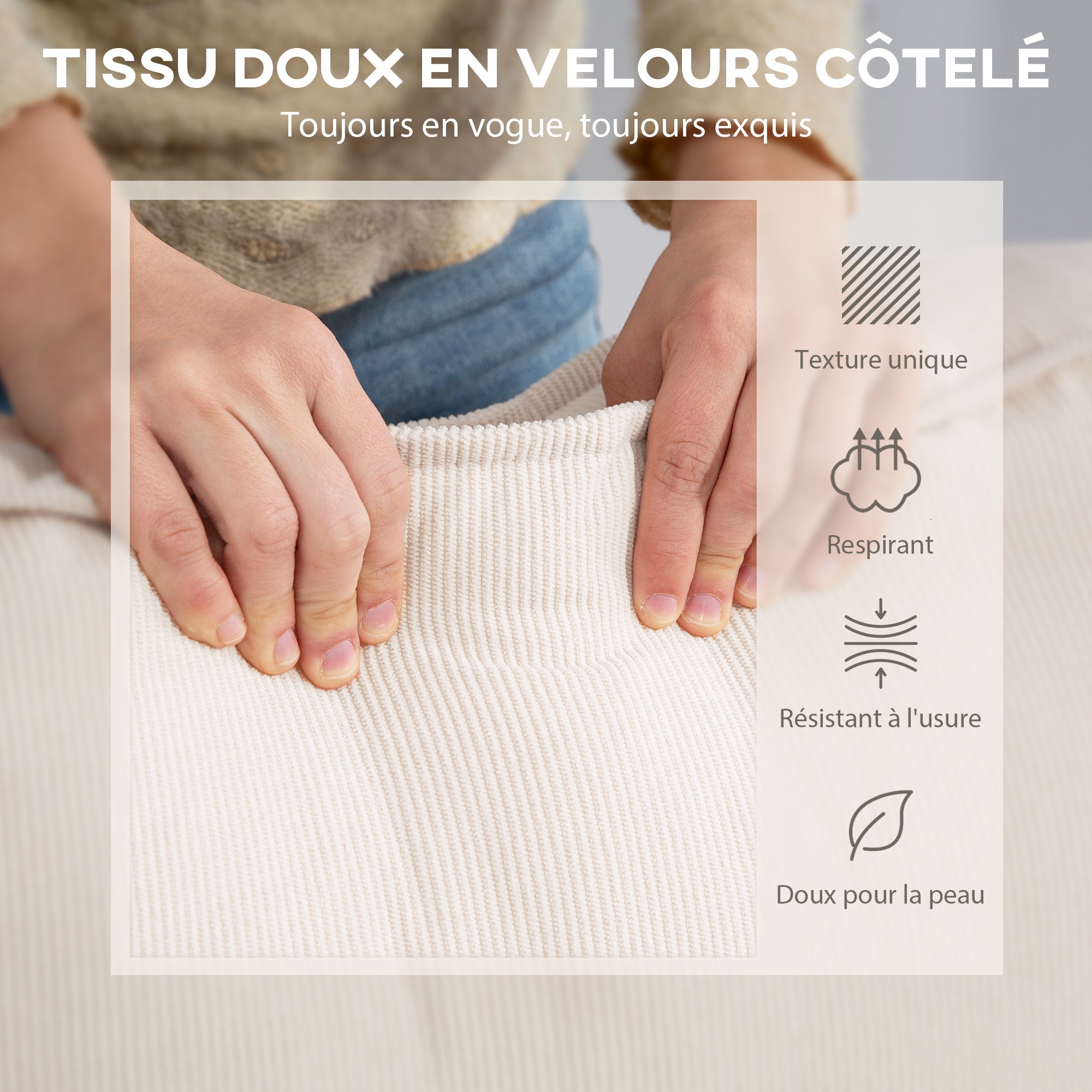 Canapé d'angle réversible velours côtelé, 241x153x83cm, canapé 3 places en L avec coussin à ressorts, charge 450Kg, style moderne, pour salon, chambre, crème