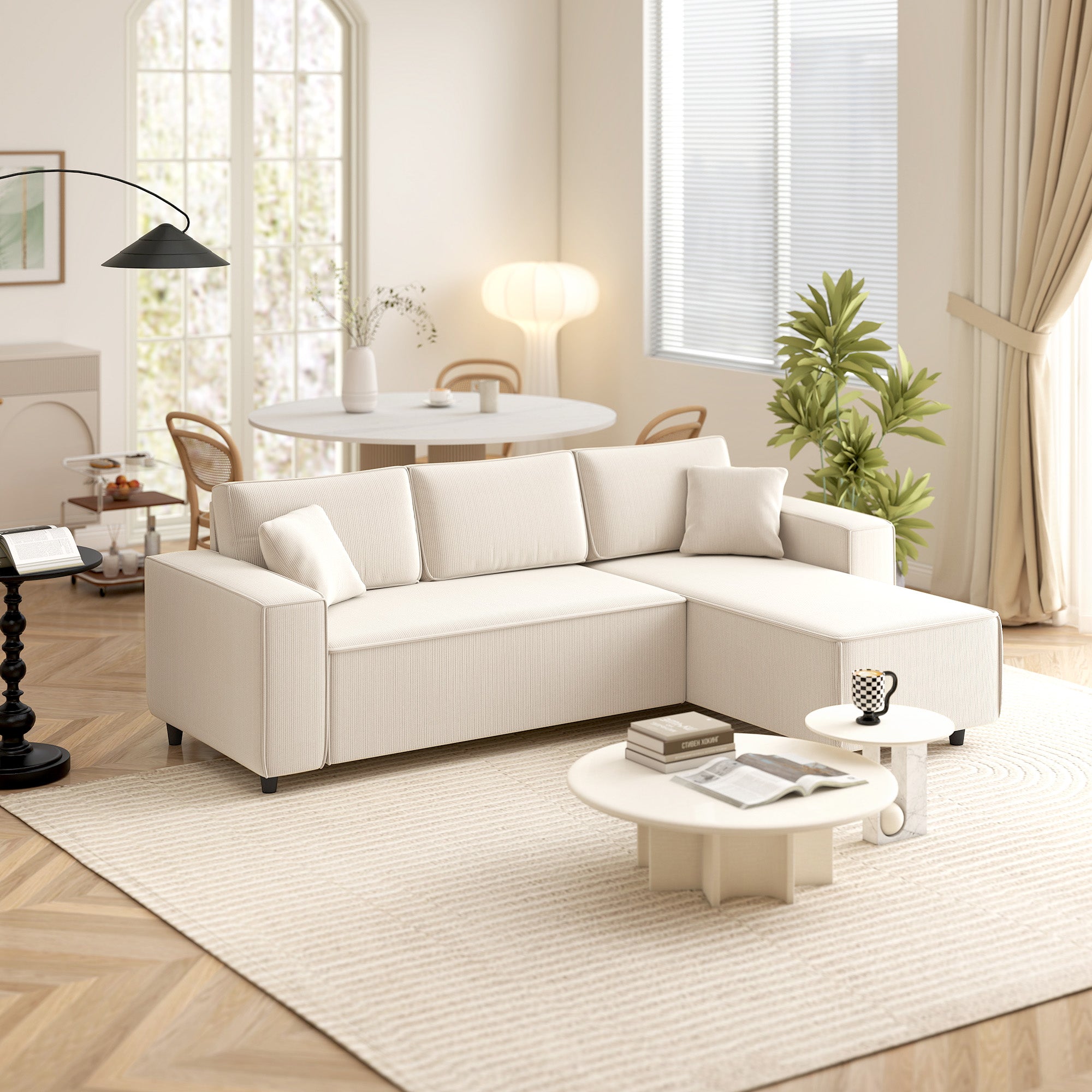 Canapé d'angle réversible velours côtelé, 241x153x83cm, canapé 3 places en L avec coussin à ressorts, charge 450Kg, style moderne, pour salon, chambre, crème