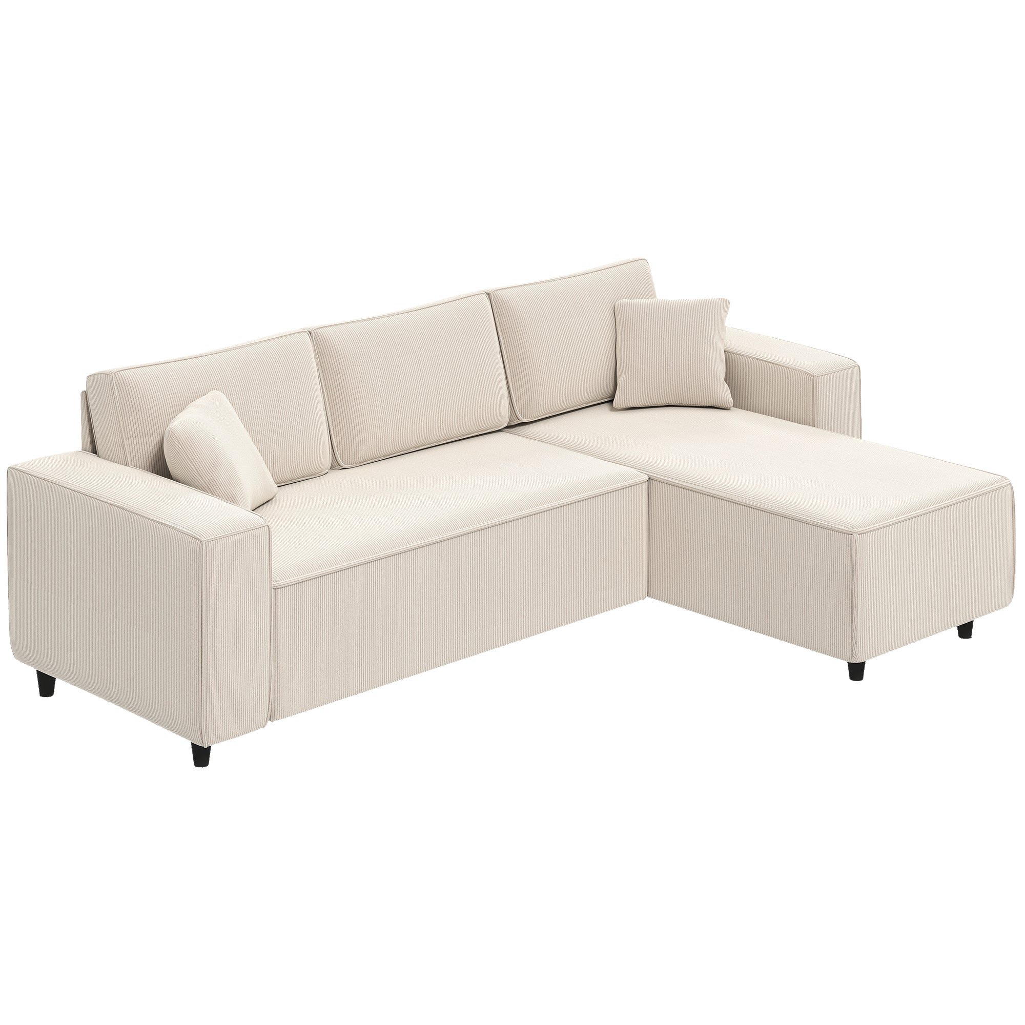 Canapé d'angle réversible velours côtelé, 241x153x83cm, canapé 3 places en L avec coussin à ressorts, charge 450Kg, style moderne, pour salon, chambre, crème