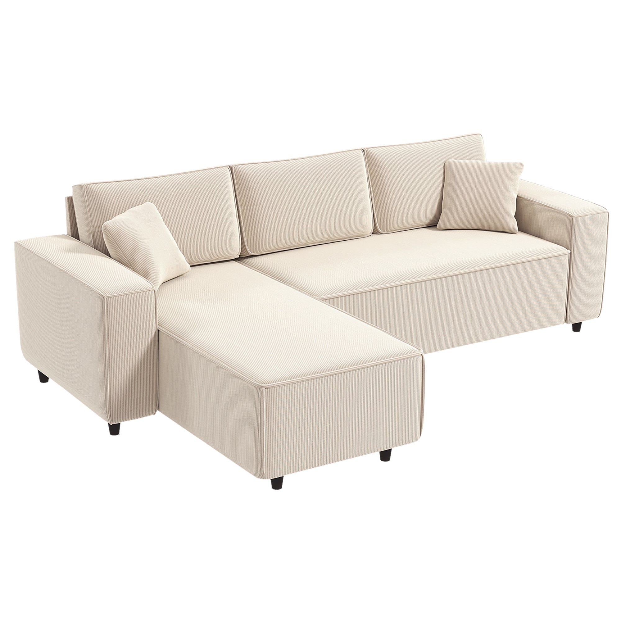 Canapé d'angle réversible velours côtelé, 241x153x83cm, canapé 3 places en L avec coussin à ressorts, charge 450Kg, style moderne, pour salon, chambre, crème