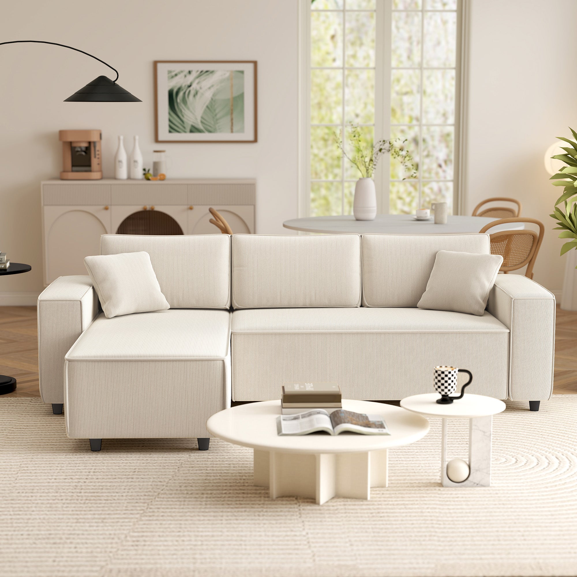 Canapé d'angle réversible velours côtelé, 241x153x83cm, canapé 3 places en L avec coussin à ressorts, charge 450Kg, style moderne, pour salon, chambre, crème