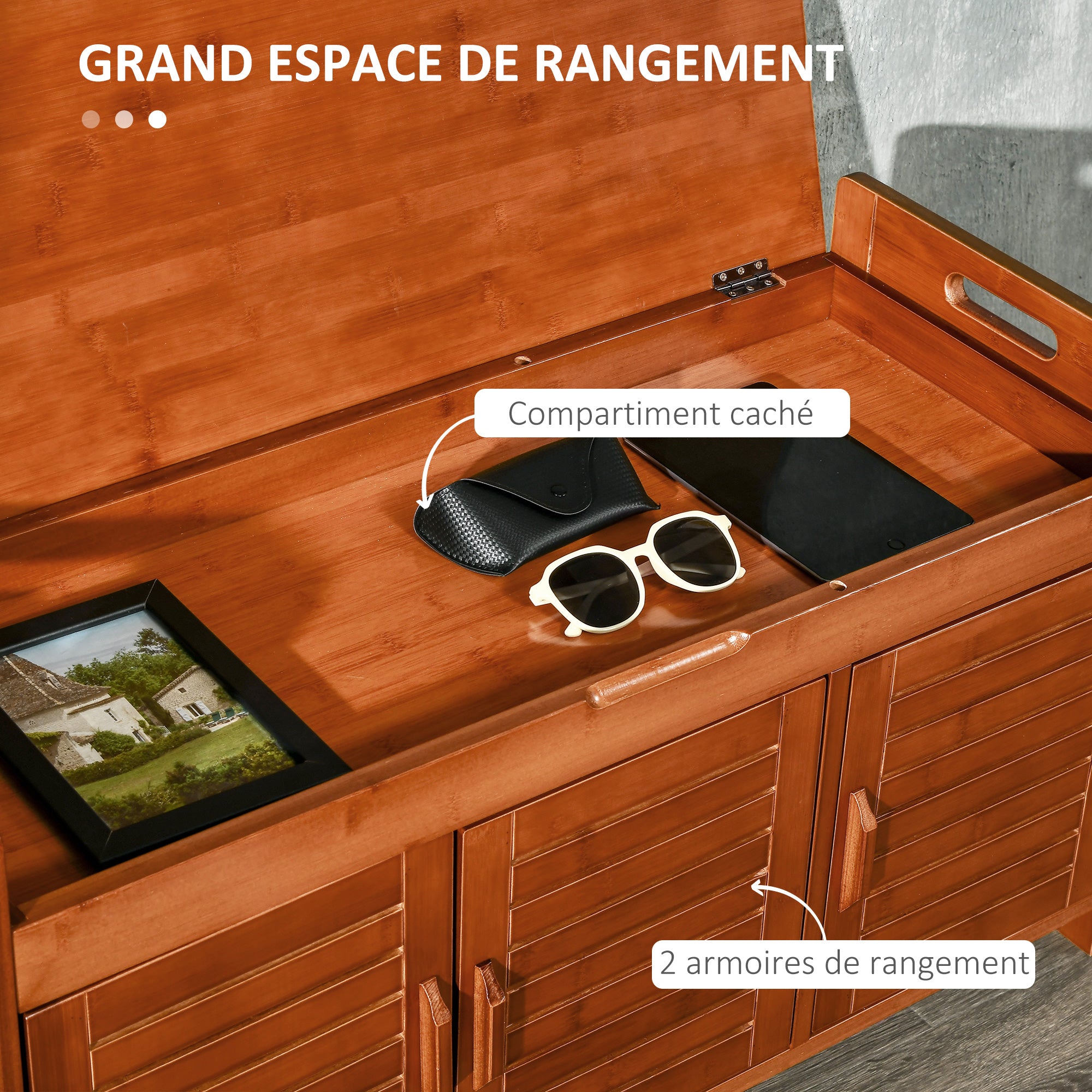 Banc à chaussures meuble à chaussures banc d'entrée de rangement en bambou avec 3 placards, coussin d'assise et compartiment caché, pour couloir, chambre, 89,6 x 32 x 49 cm, marron