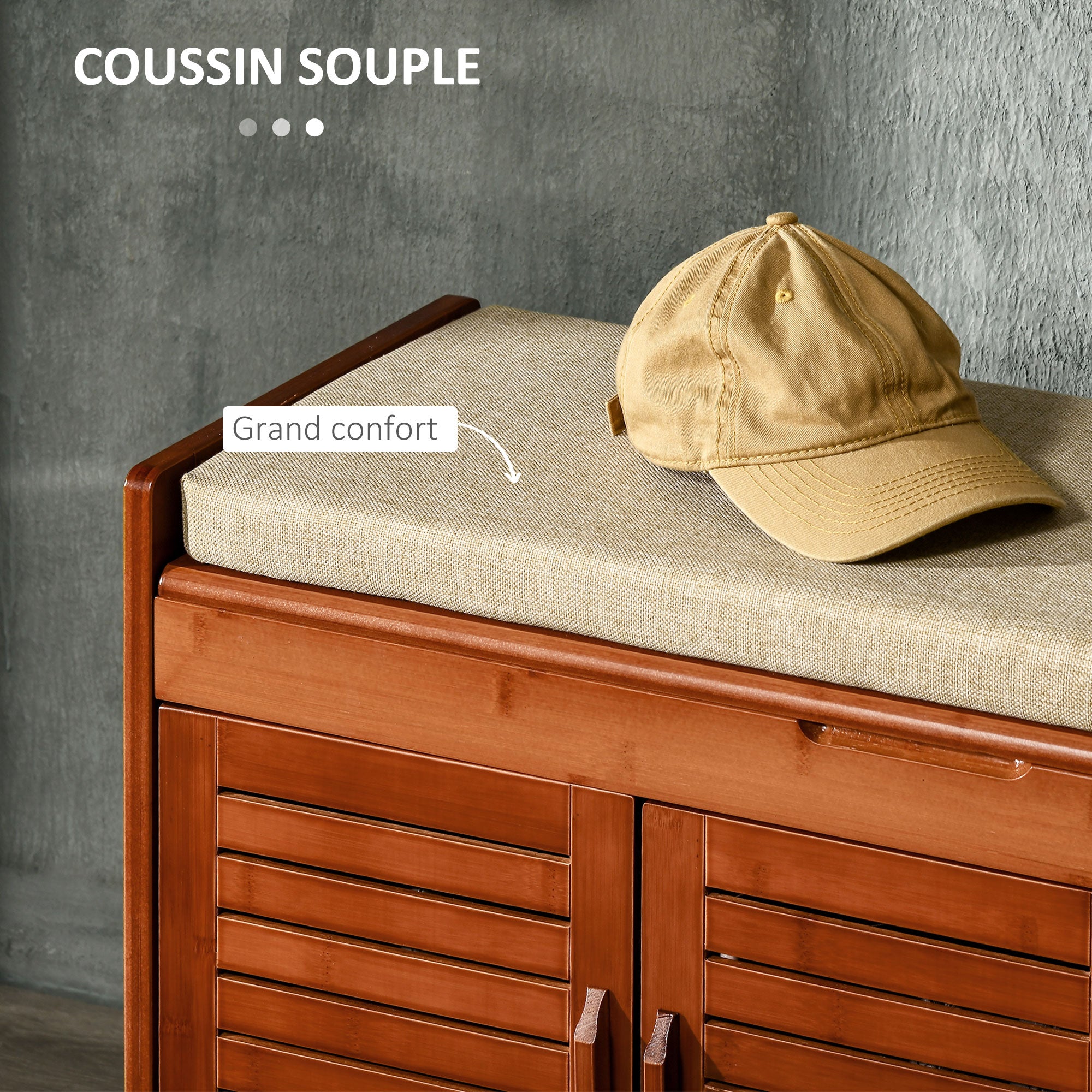 Banc à chaussures meuble à chaussures banc d'entrée de rangement en bambou avec 3 placards, coussin d'assise et compartiment caché, pour couloir, chambre, 89,6 x 32 x 49 cm, marron