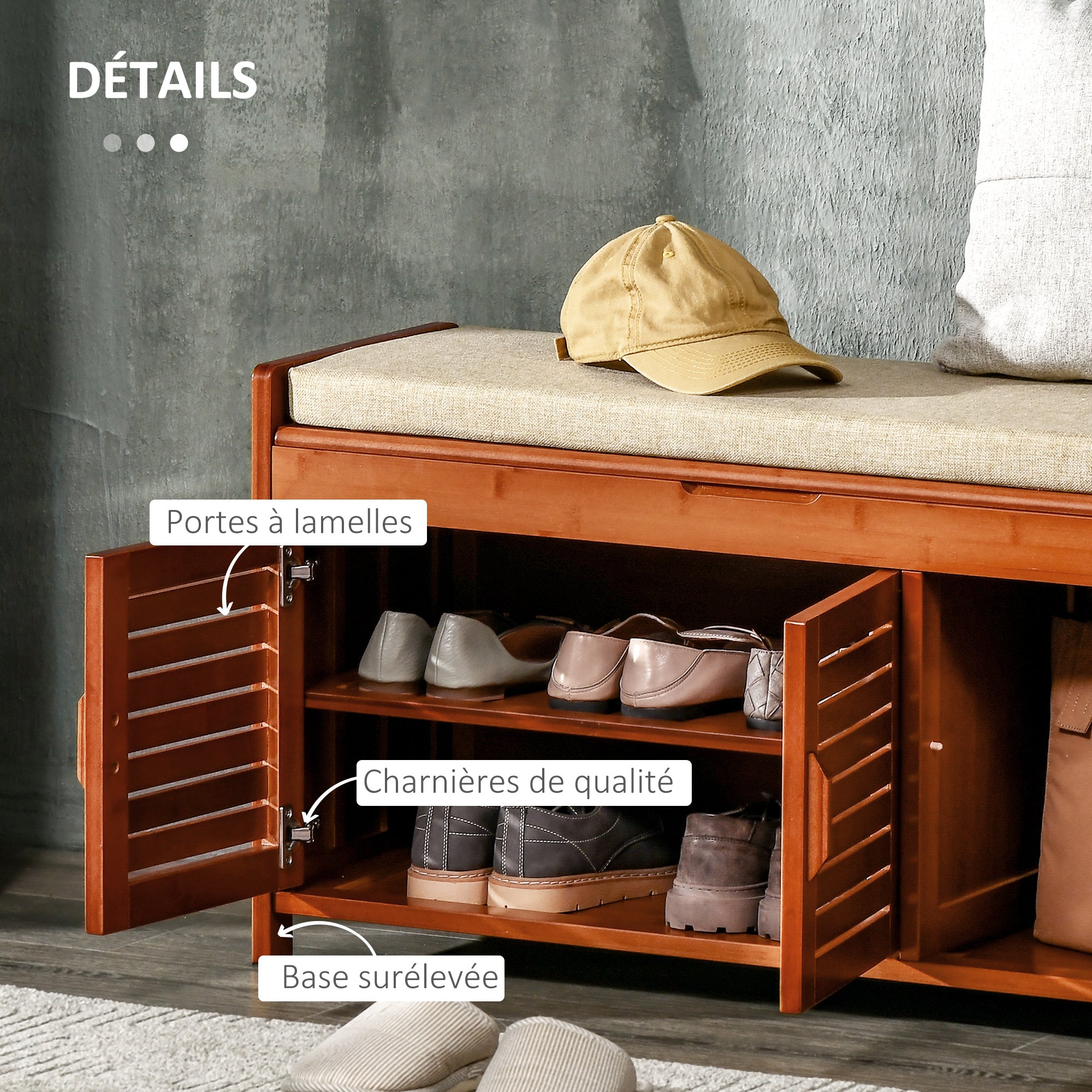 Banc à chaussures meuble à chaussures banc d'entrée de rangement en bambou avec 3 placards, coussin d'assise et compartiment caché, pour couloir, chambre, 89,6 x 32 x 49 cm, marron