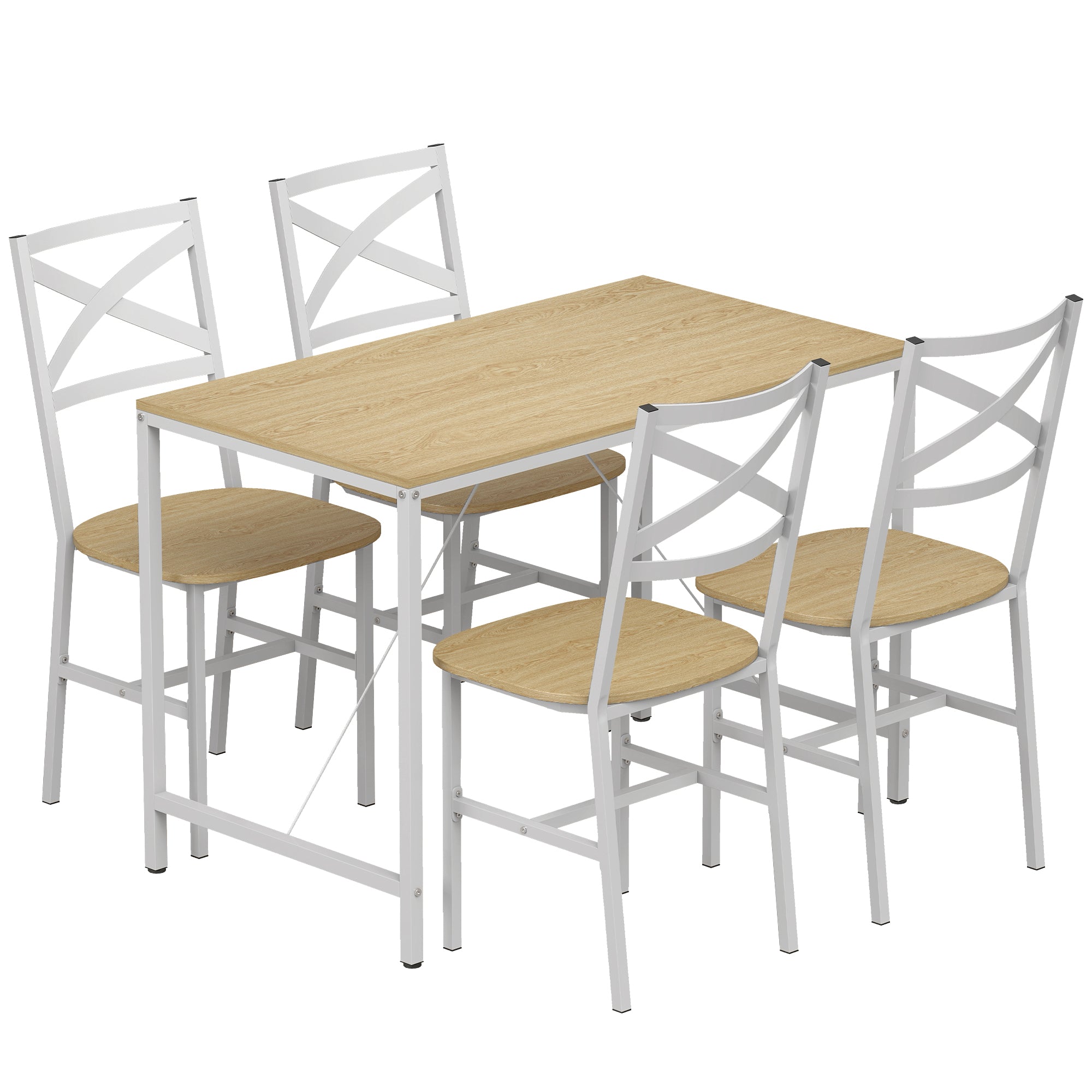 Ensemble Table Salle à Manger avec 4 Chaises, Table de Cuisine avec Chaises pour 4 Personnes, Plateau 108x60cm, Style Nordique, Cadre en Acier, pour Salon, Petit Espace, Bois Naturel et Blanc