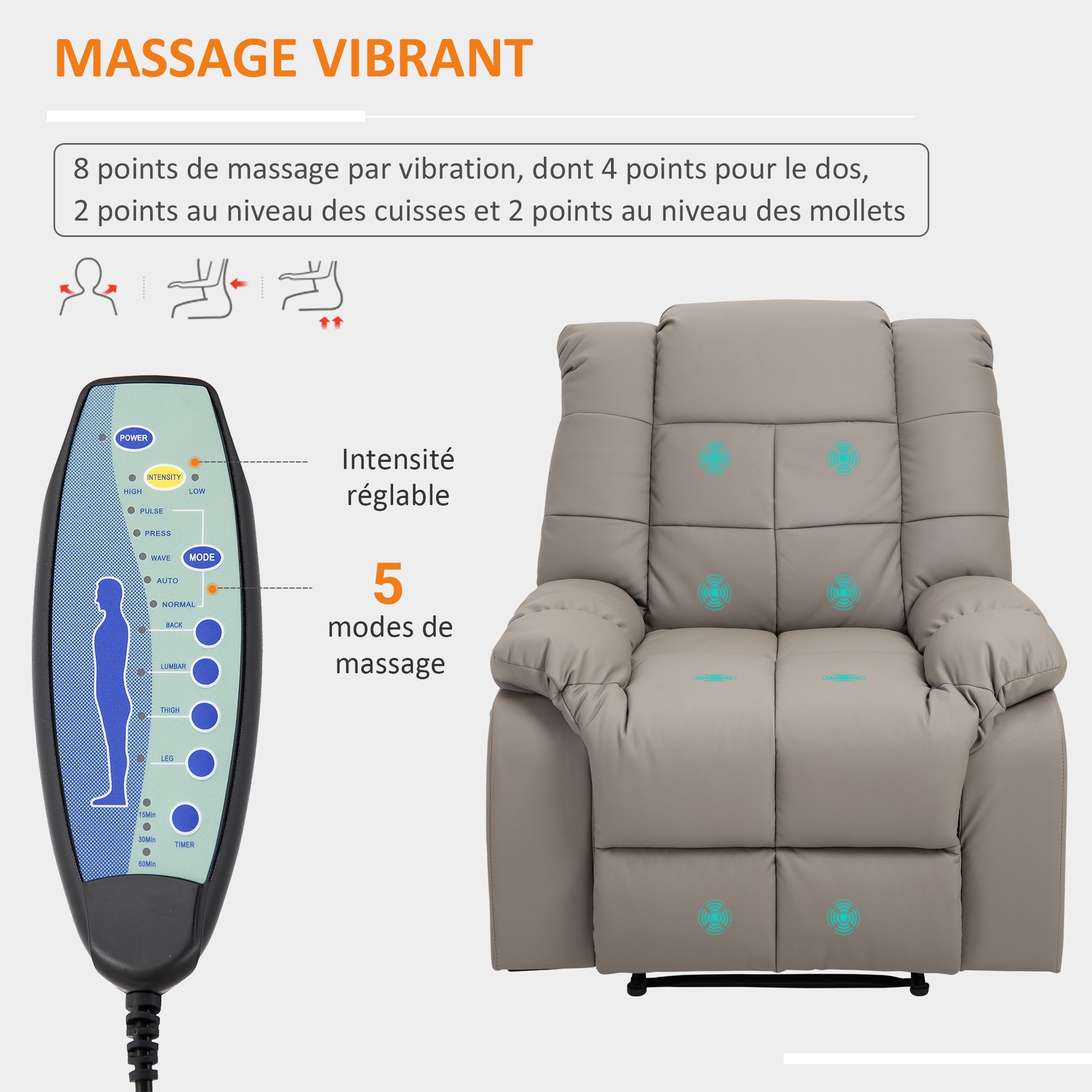 Fauteuil de massage fauteuil de relaxation massant avec dossier inclinable manuellement et repose-pied fauteuil TV revêtement synthétique télécommande incluse gris