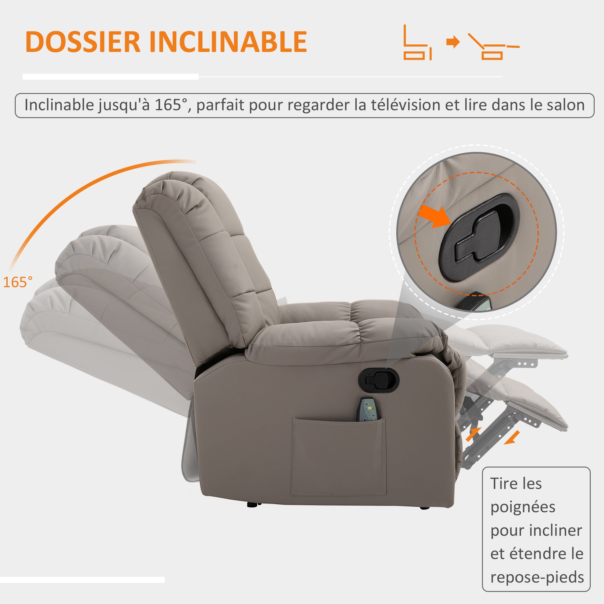 Fauteuil de massage fauteuil de relaxation massant avec dossier inclinable manuellement et repose-pied fauteuil TV revêtement synthétique télécommande incluse gris