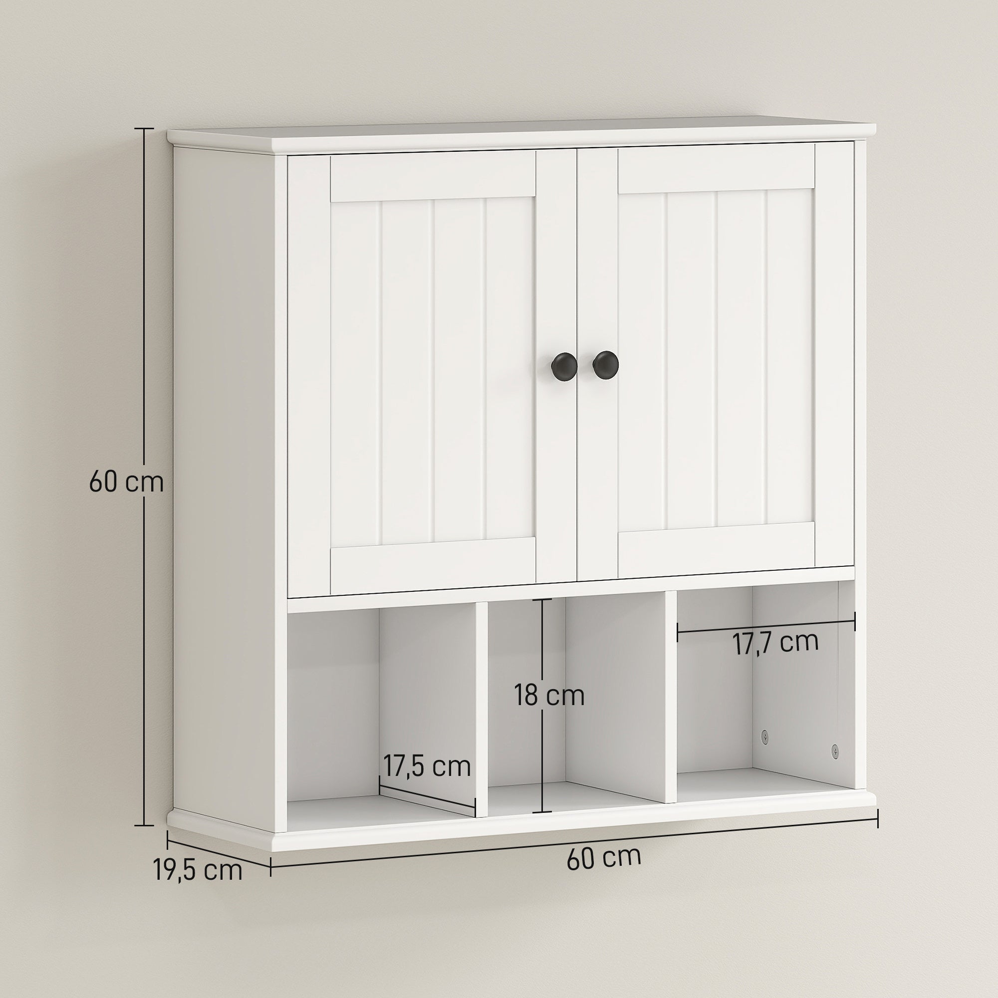 Armoire murale de salle de bain, meuble de rangement suspendu pour salle de bains avec 2 portes, étagère réglable et compartiments ouverts, meuble WC suspendu, 60 x 19,5 x 60 cm, blanc