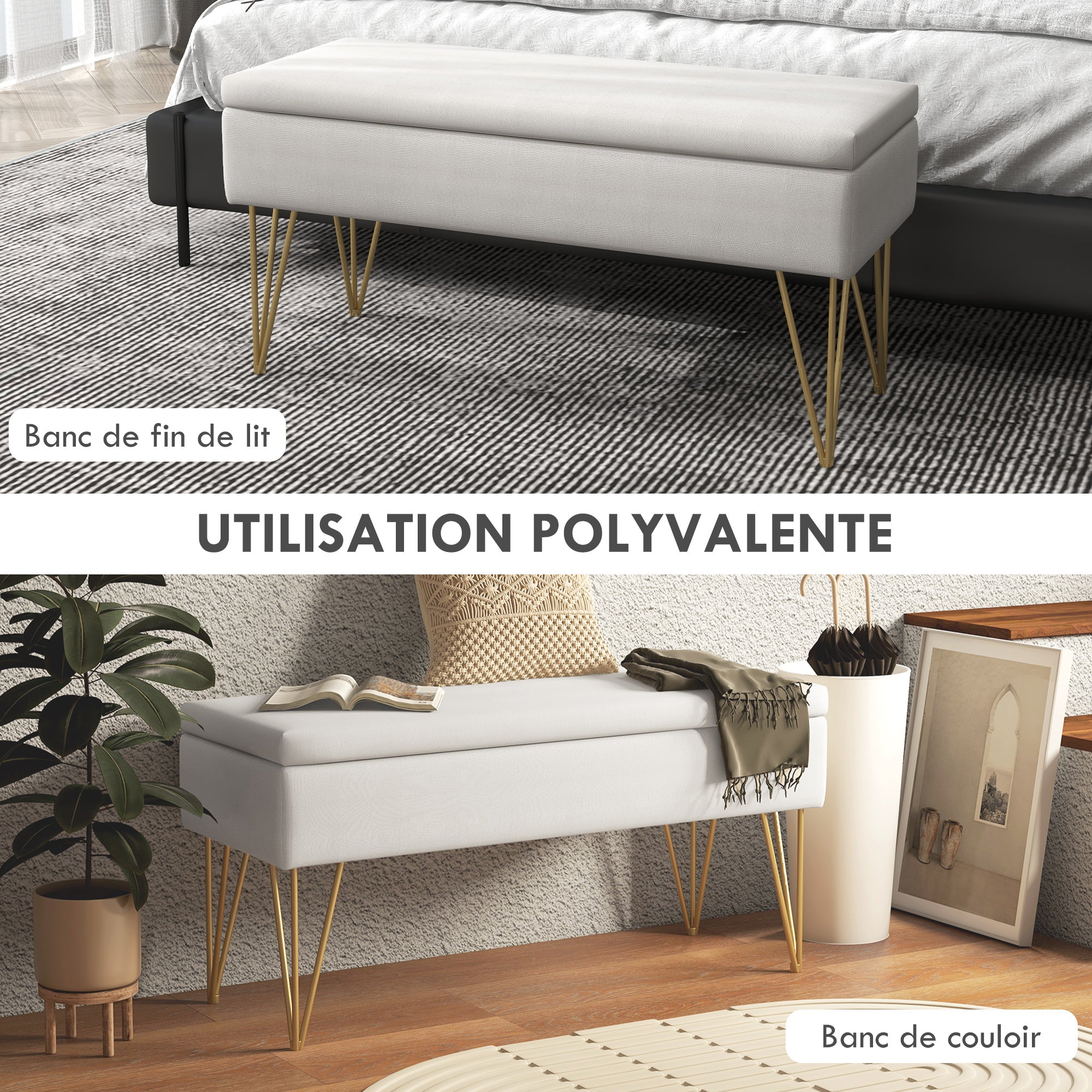Banc bout de lit banquette coffre de rangement 2 en 1 en tissu aspect lin avec pieds épingle en acier doré 100 x 40 x 49 cm crème