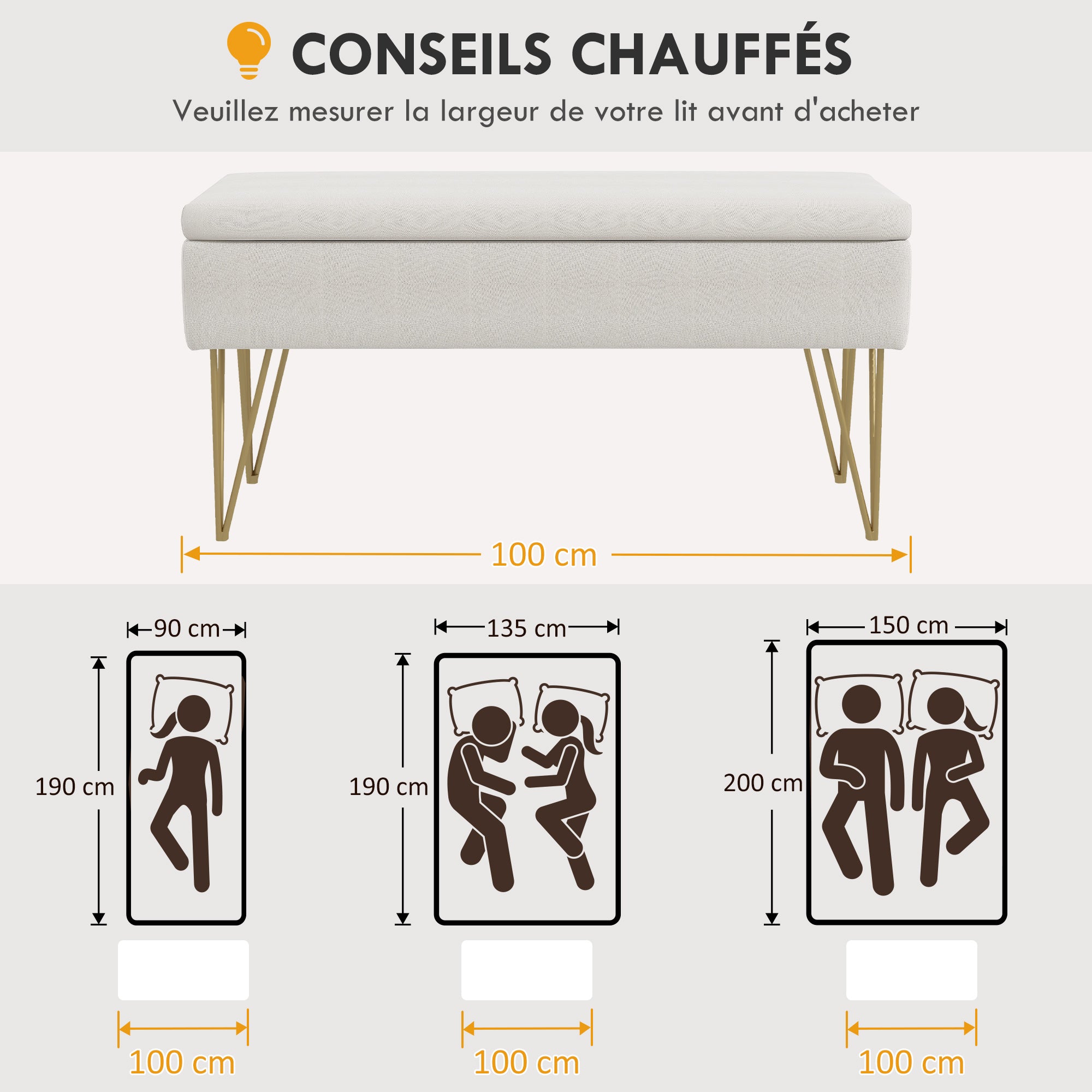 Banc bout de lit banquette coffre de rangement 2 en 1 en tissu aspect lin avec pieds épingle en acier doré 100 x 40 x 49 cm crème
