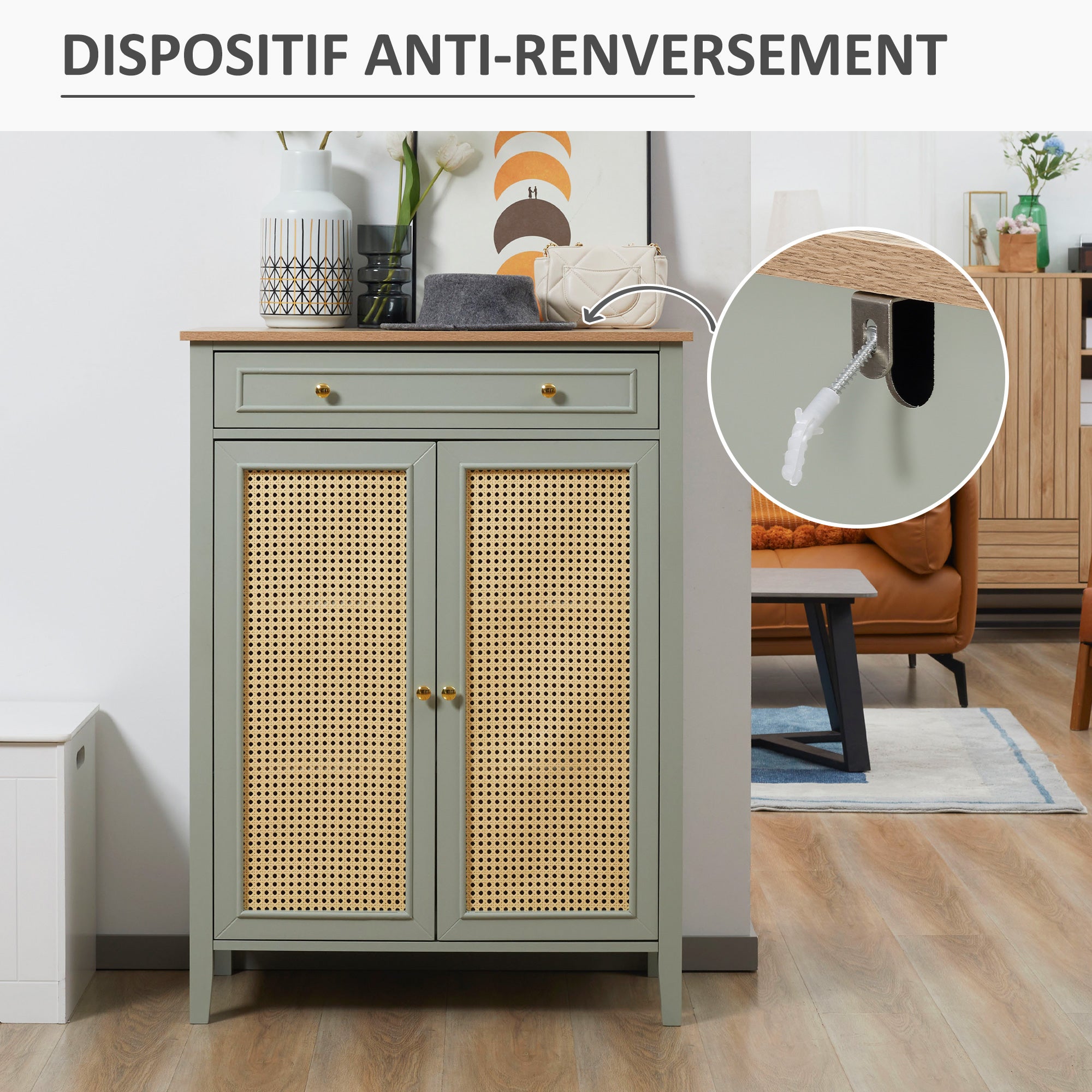 Meuble à chaussures meuble de rangement à chaussures meuble d'entrée avec 2 portes effet cannage tiroir 80 x 40 x 110 cm