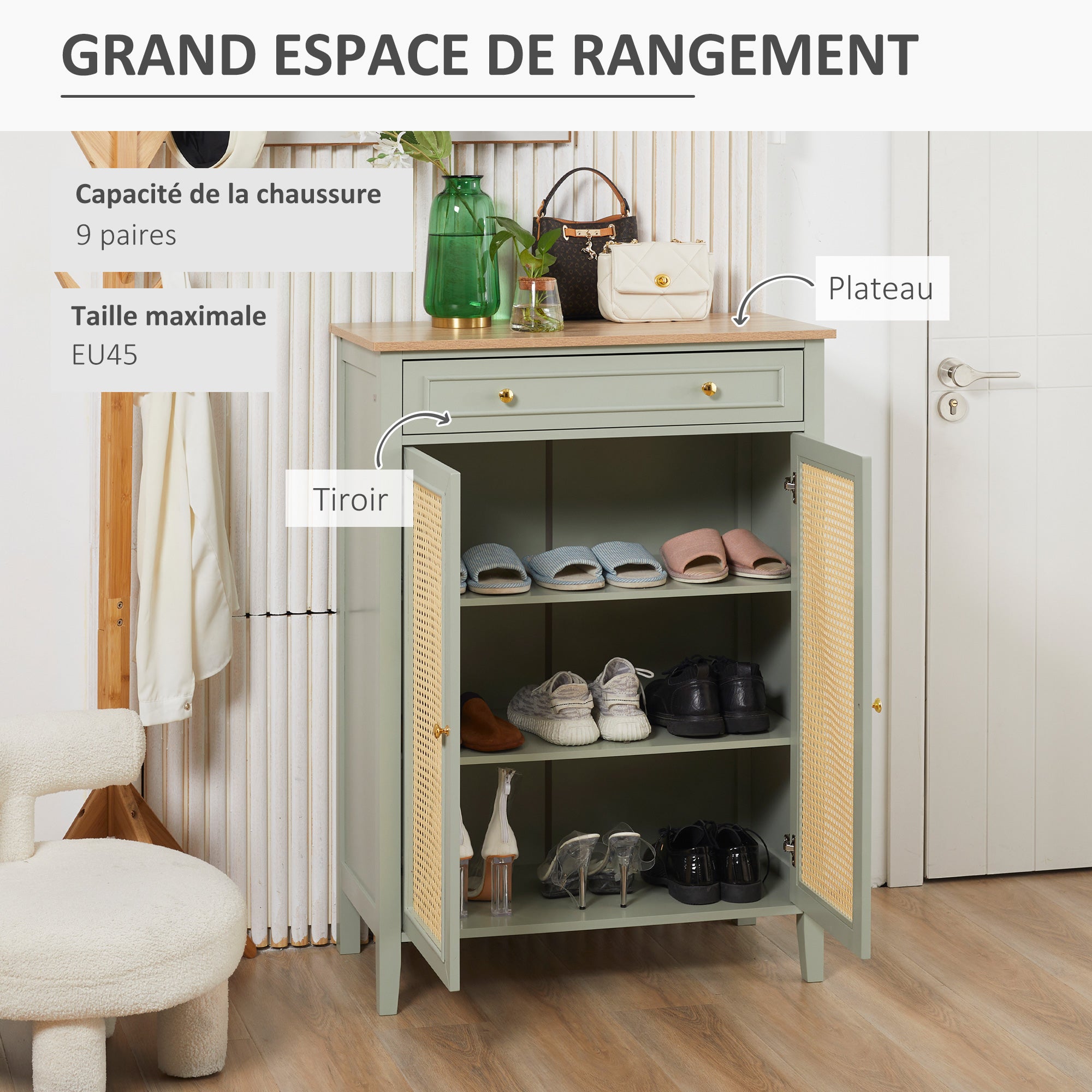 Meuble à chaussures meuble de rangement à chaussures meuble d'entrée avec 2 portes effet cannage tiroir 80 x 40 x 110 cm